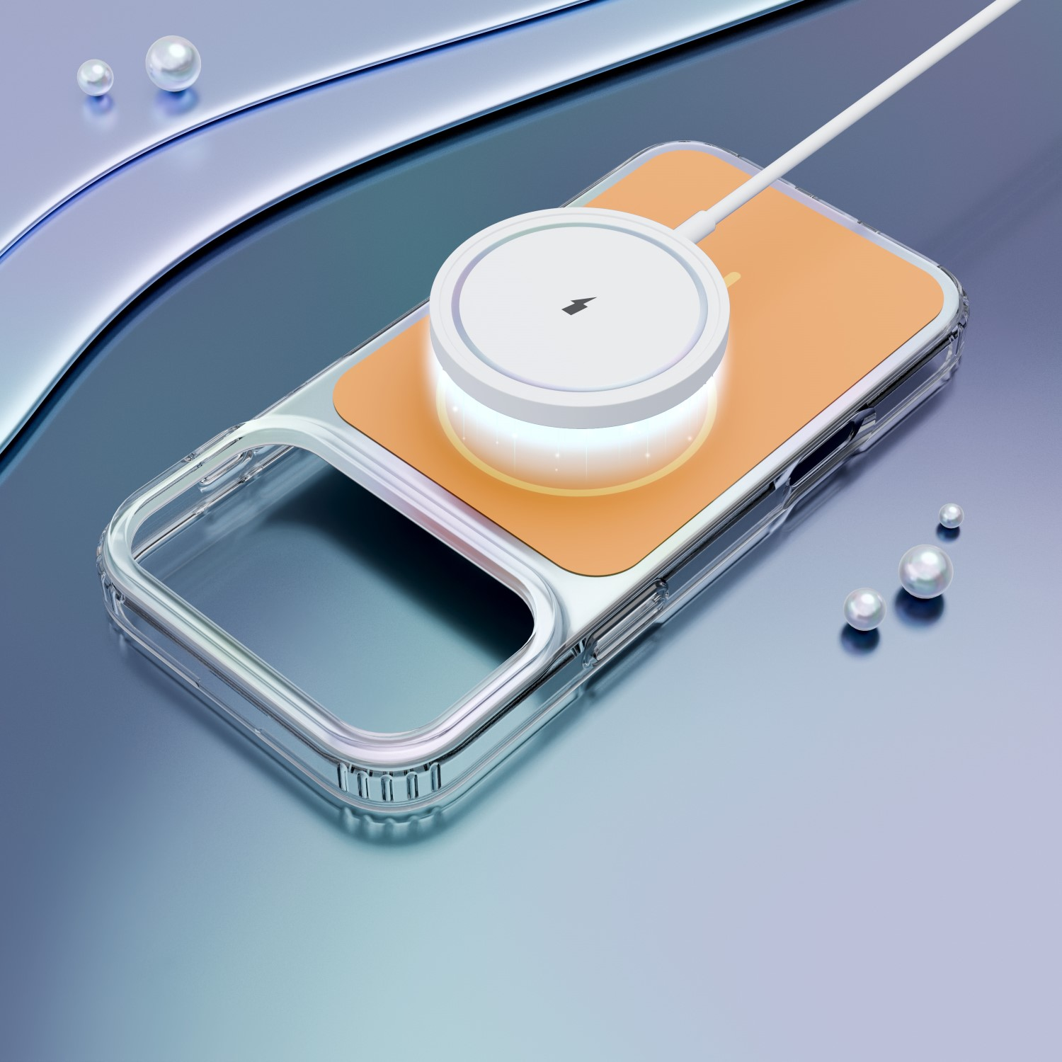 Un caricabatterie bianco con icona a fulmine su un telefono arancione in custodia.