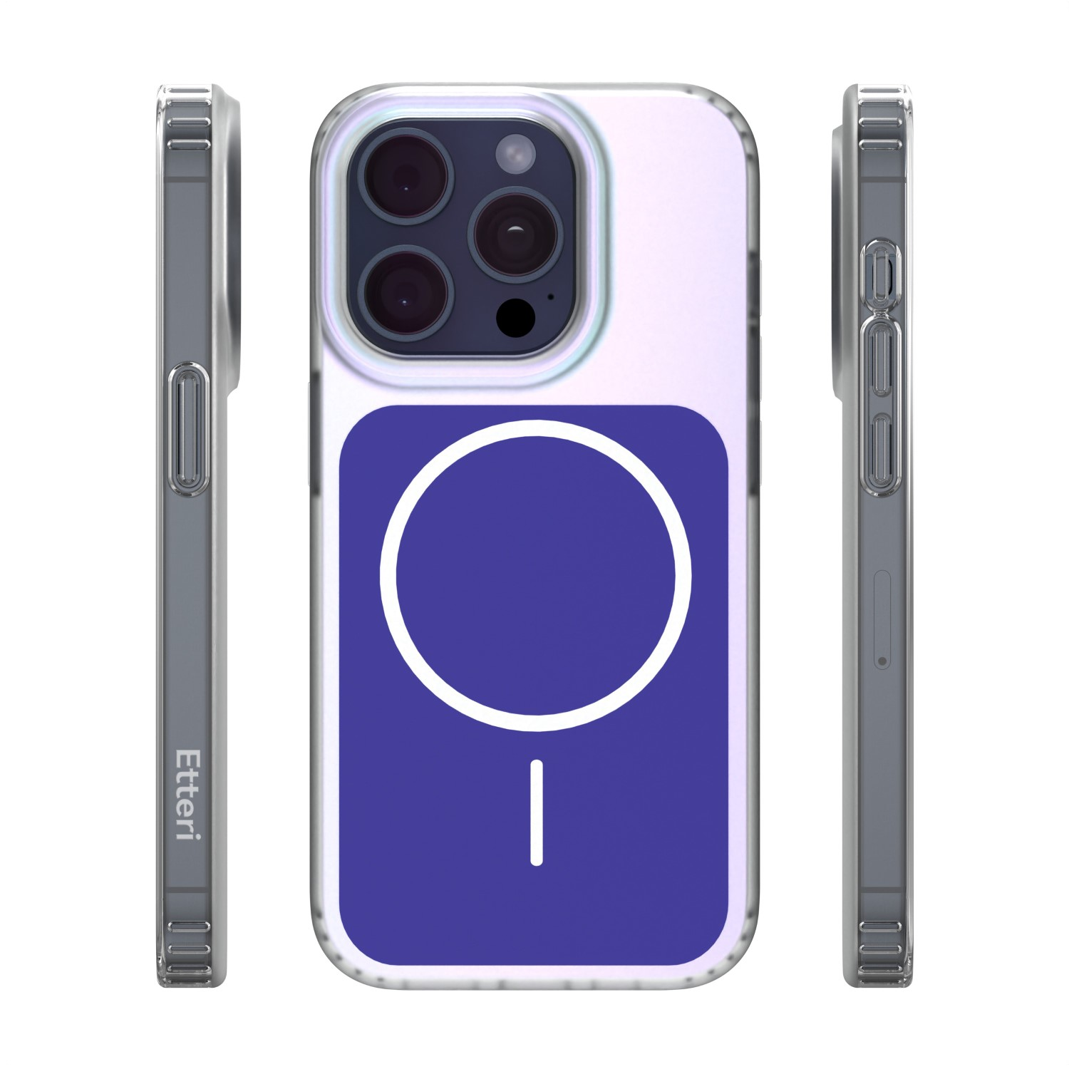 Przezroczyste etui na iPhone z fioletowym symbolem MagSafe na białym tle.