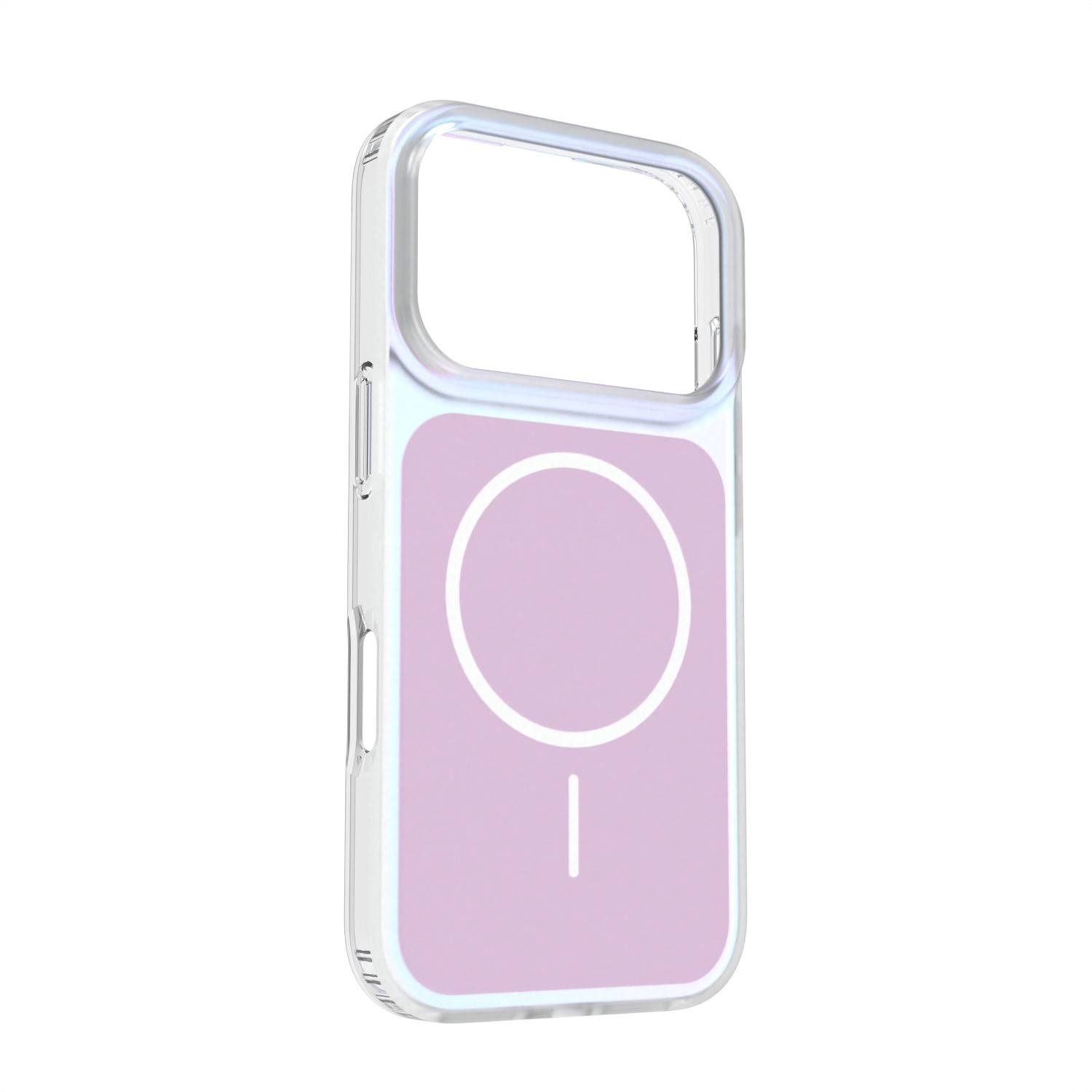Custodia trasparente con retro viola e simbolo bianco di cerchio/linea.
