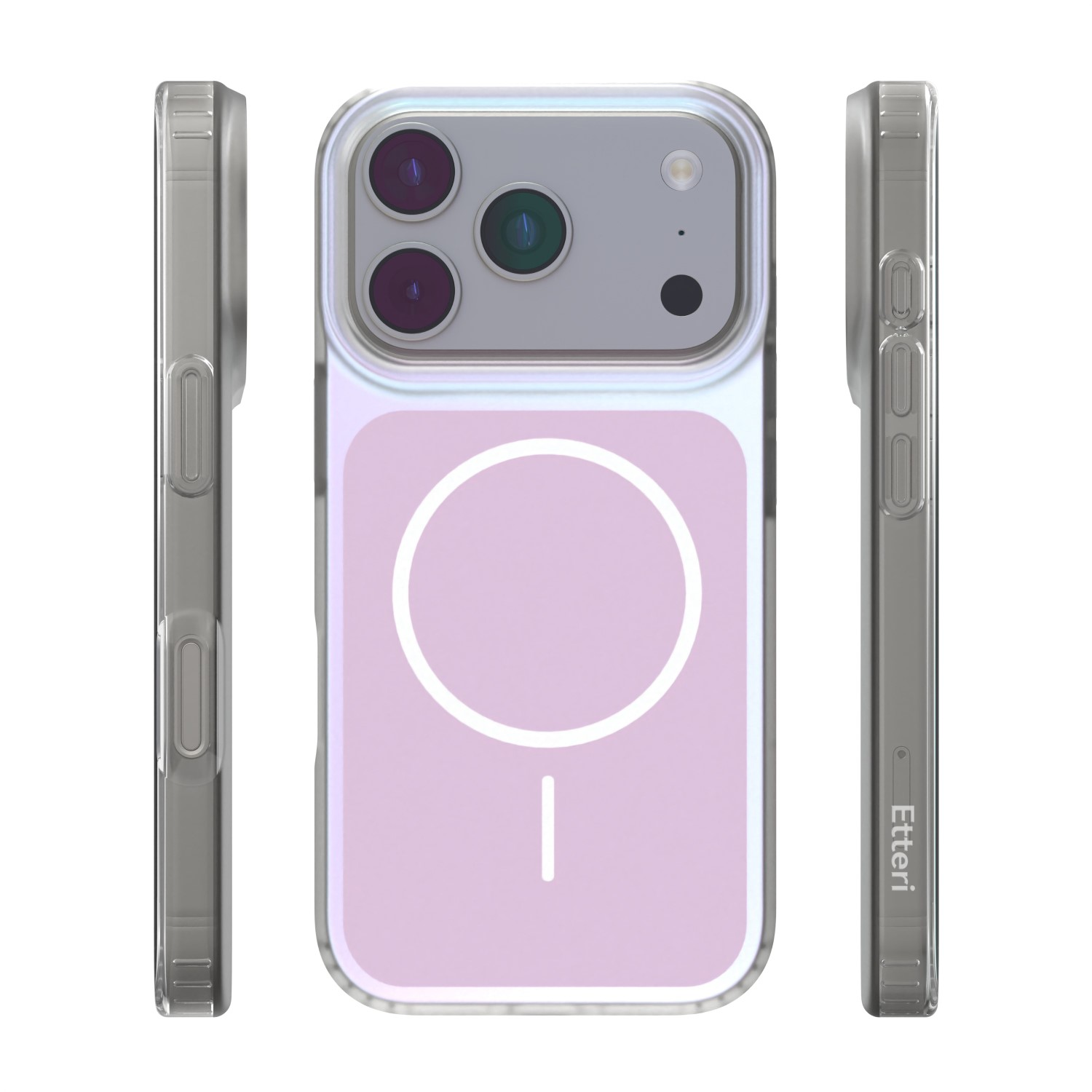 Custodia trasparente con simbolo MagSafe su sfondo rosa, viste frontale e laterali.