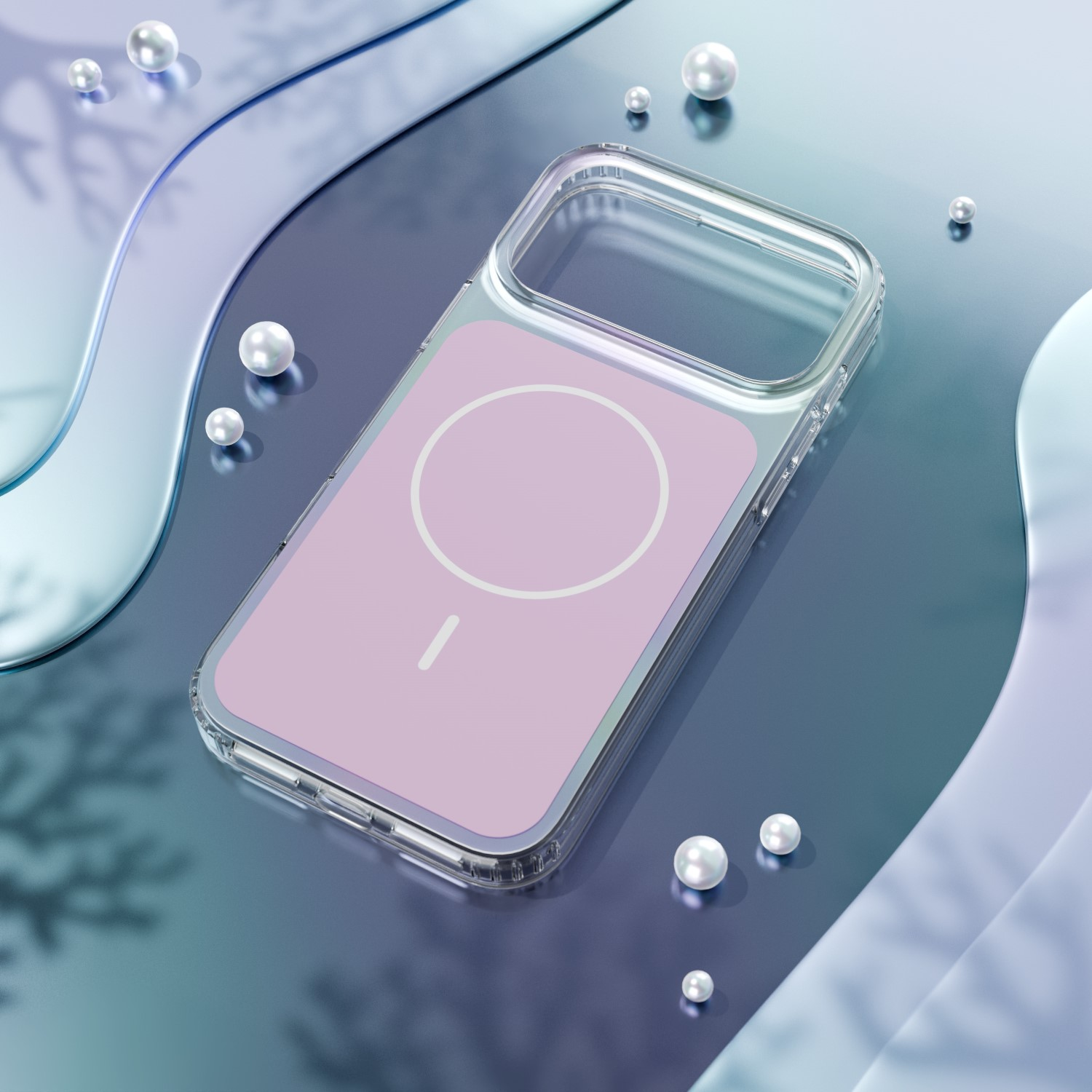 Una cover trasparente per telefono con sfondo rosa e un cerchio.