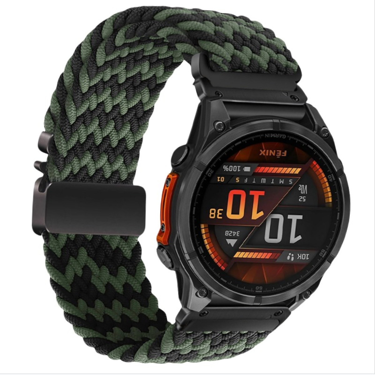 Schwarze Smartwatch mit Camouflage-Armband aus grünem und schwarzem Paracord.