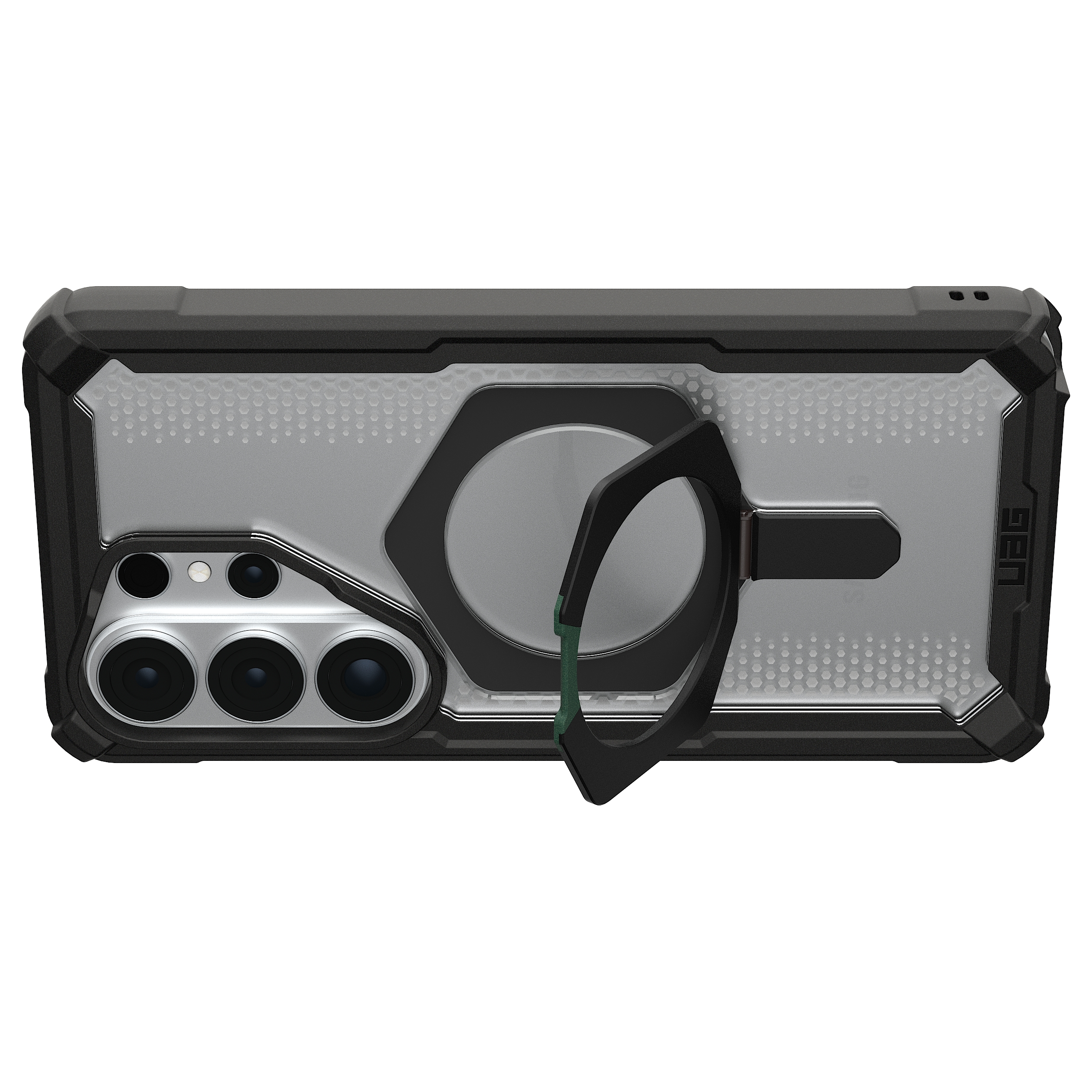 Schwarzes Handy-Case mit Ringhalter, Kamera und Hexagon-Muster.