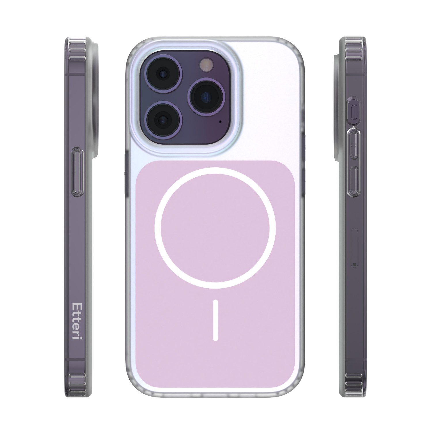 Custodia viola per telefono con design a cerchio MagSafe, mostrata da tre lati.