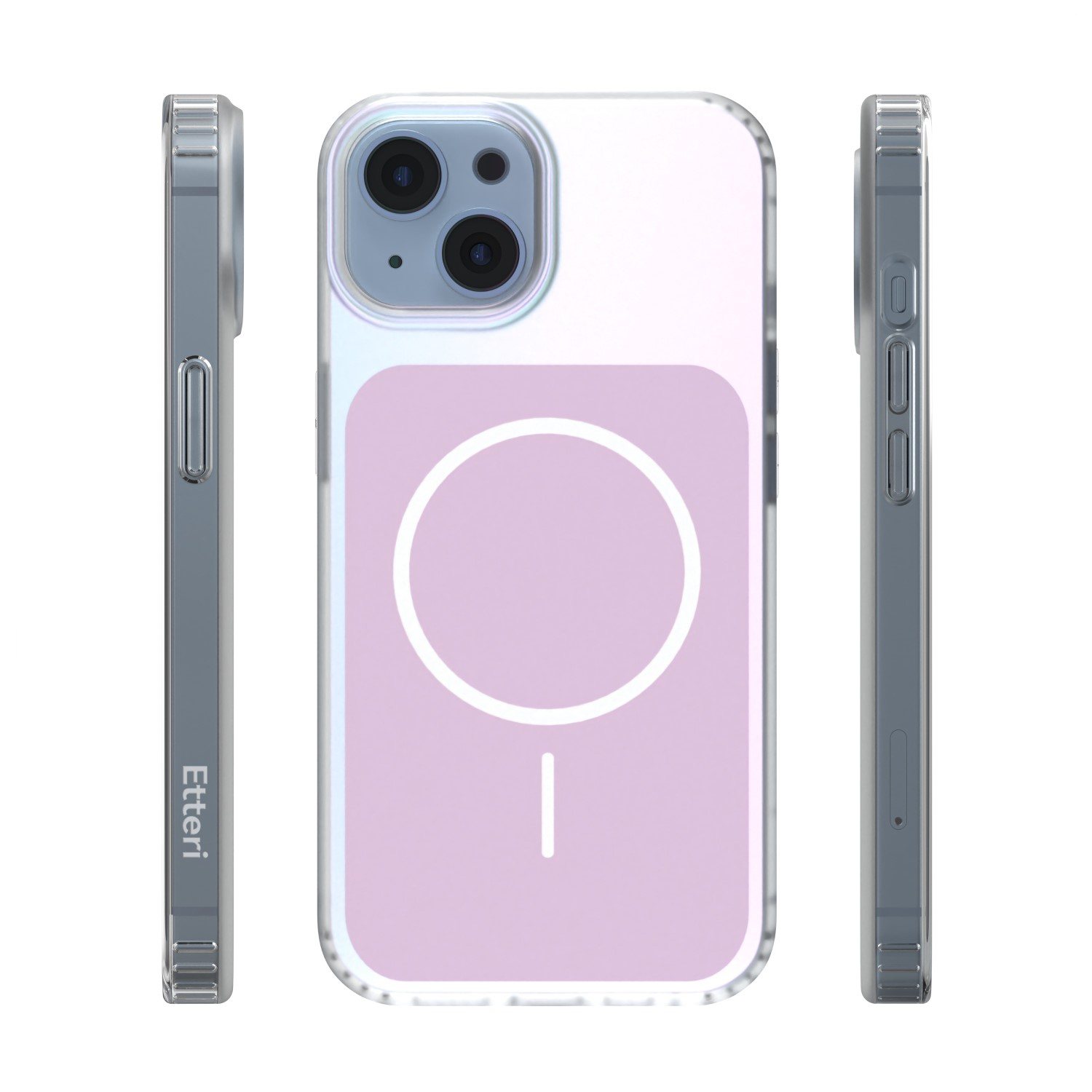 Una custodia trasparente per telefono con anello MagSafe su sfondo rosa.