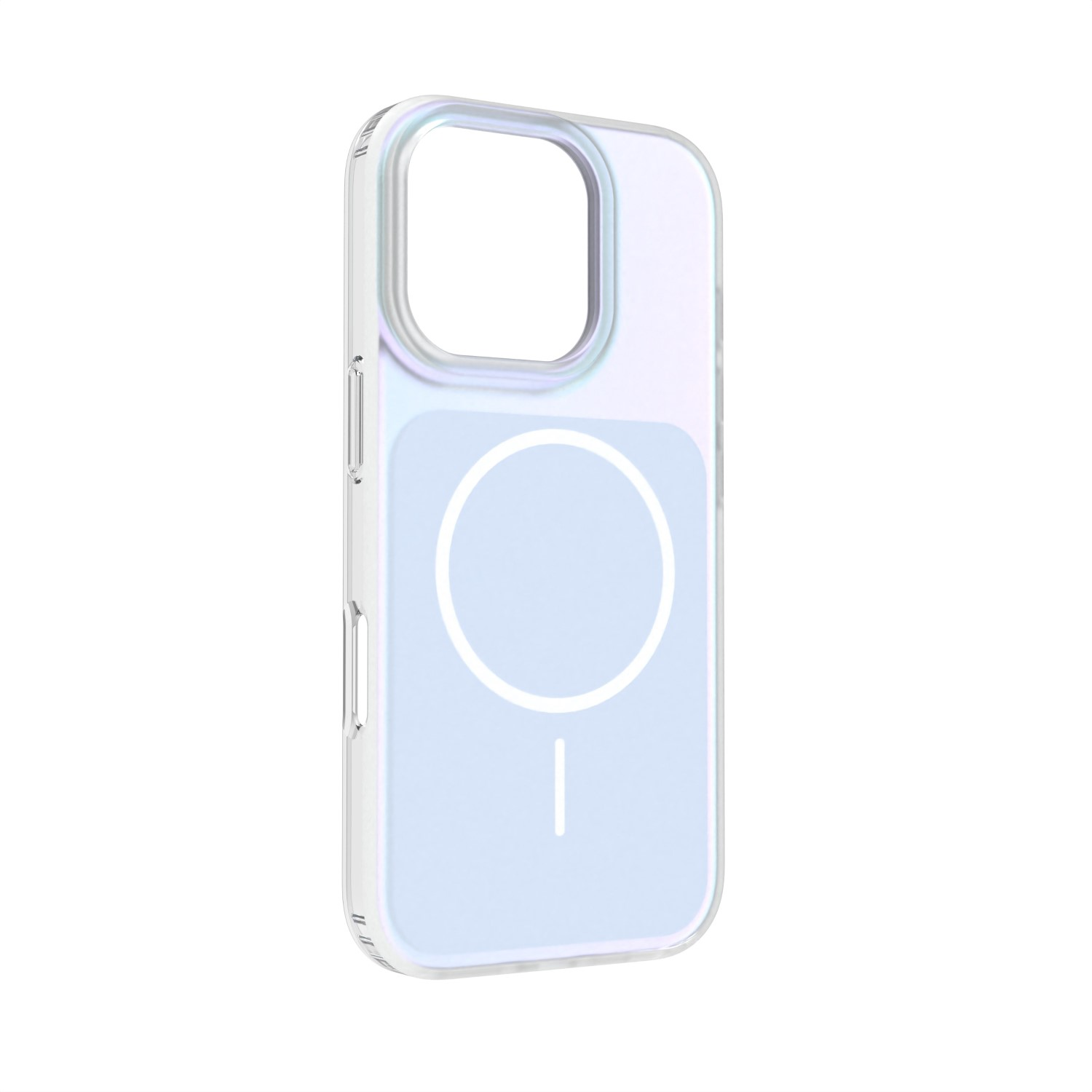 Custodia trasparente per iPhone con cerchio MagSafe e linea.