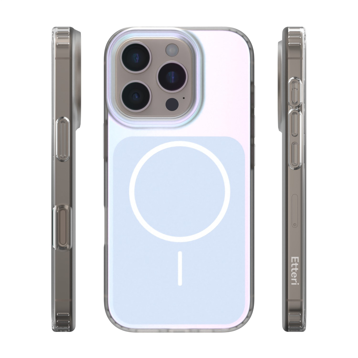 Custodia trasparente per iPhone con tre fotocamere e anello magnetico.