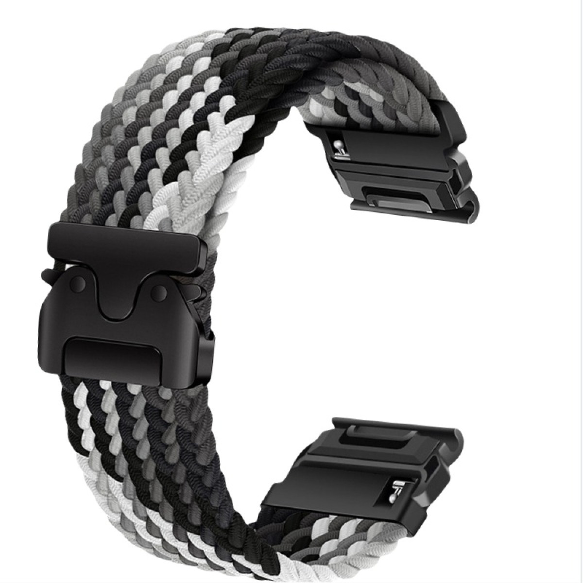 Geflochtenes Armband in Grau-, Schwarz- und Weißtönen mit schwarzer Schnalle.