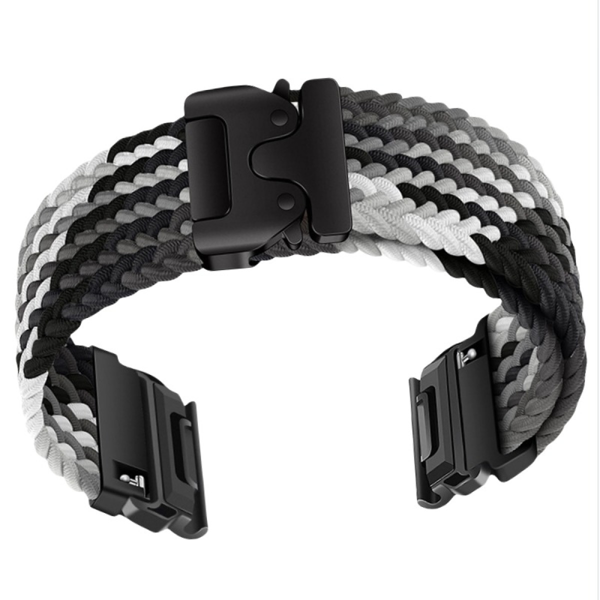 Ein geflochtenes Uhrenarmband mit schwarzen, grauen und weißen Abschnitten und einer schwarzen Schnalle.