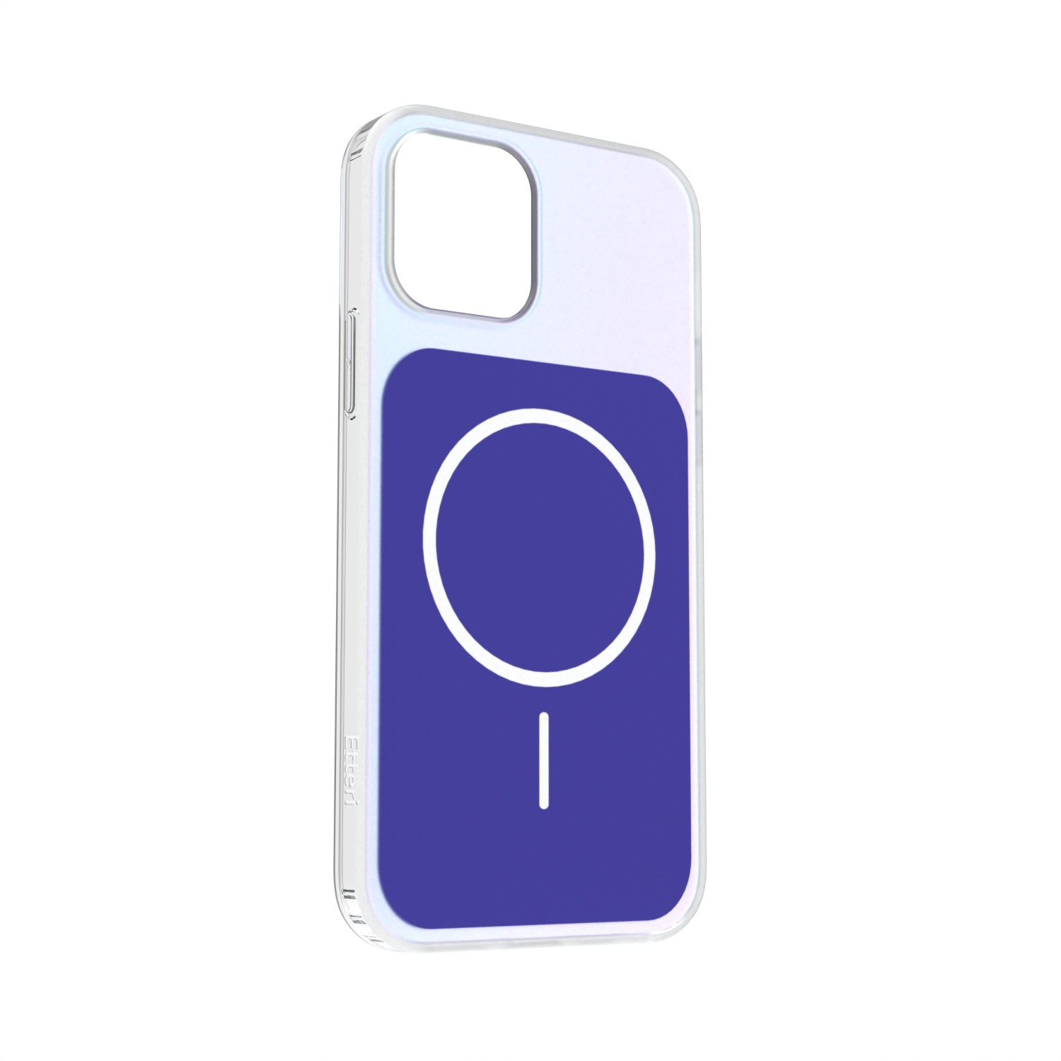Custodia trasparente con simbolo cerchio blu e linea sul retro.