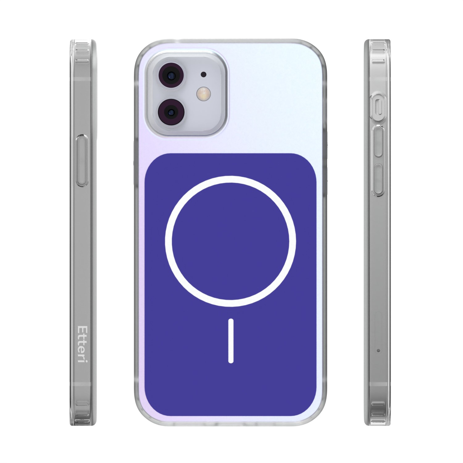 Custodia iPhone con logo MagSafe viola e bianco, mostrata da tre lati.