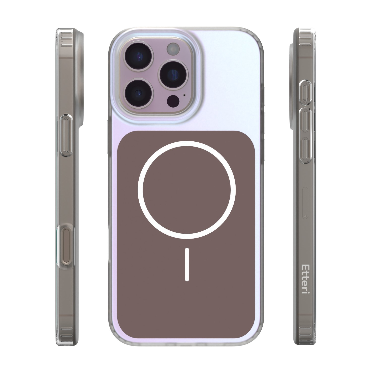 Przezroczyste etui na telefon z pierścieniem magnetycznym, białe tło.