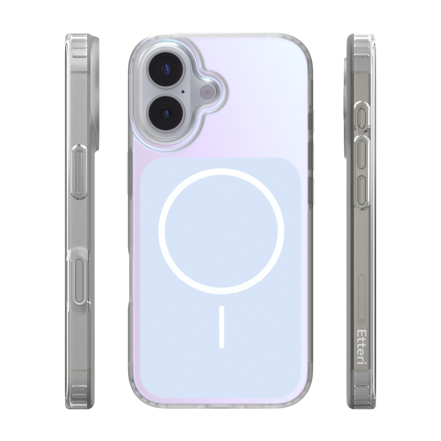Cover trasparente per telefono con fotocamere e anello magnetico, vista frontale e laterale.