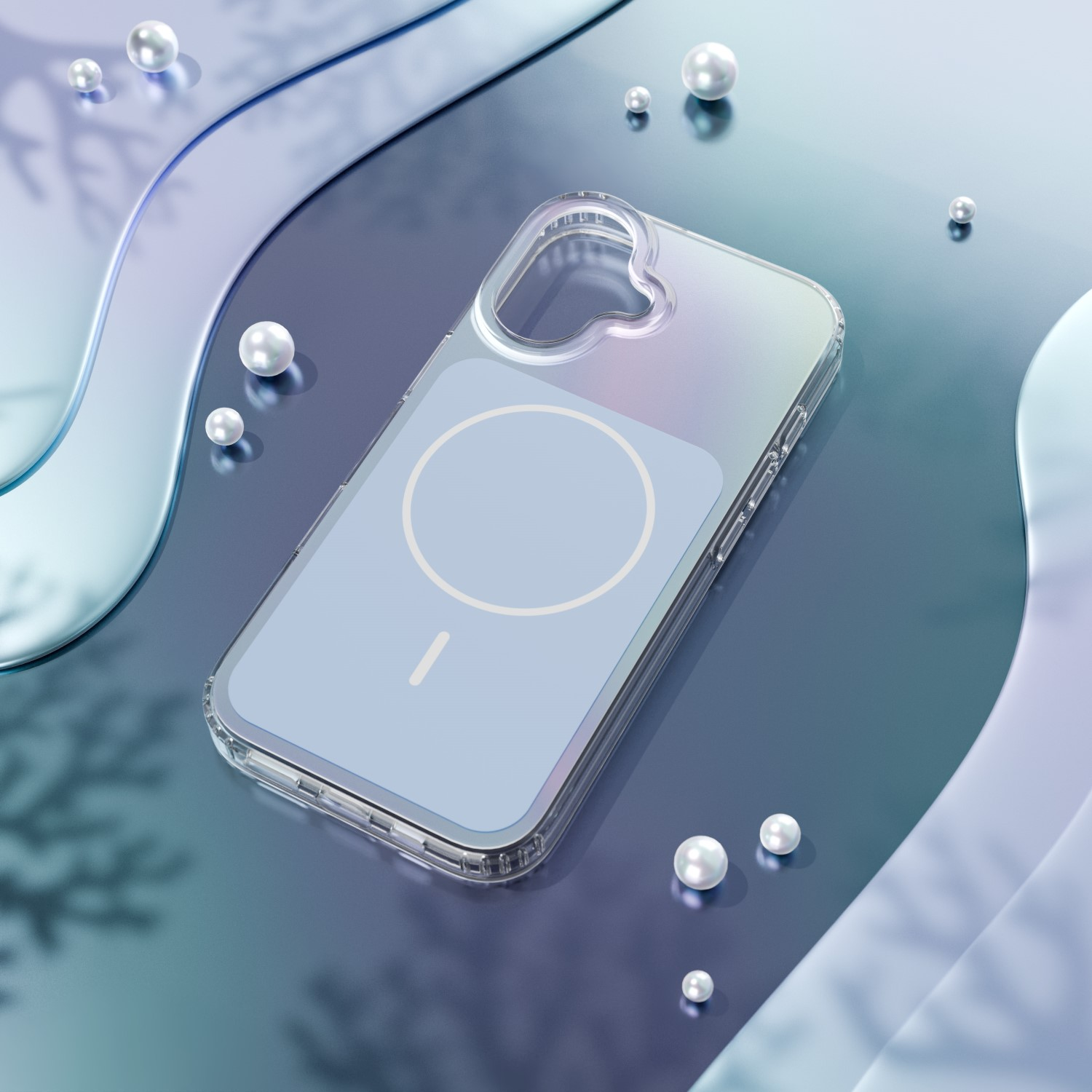 Custodia trasparente per telefono con perle su sfondo blu.