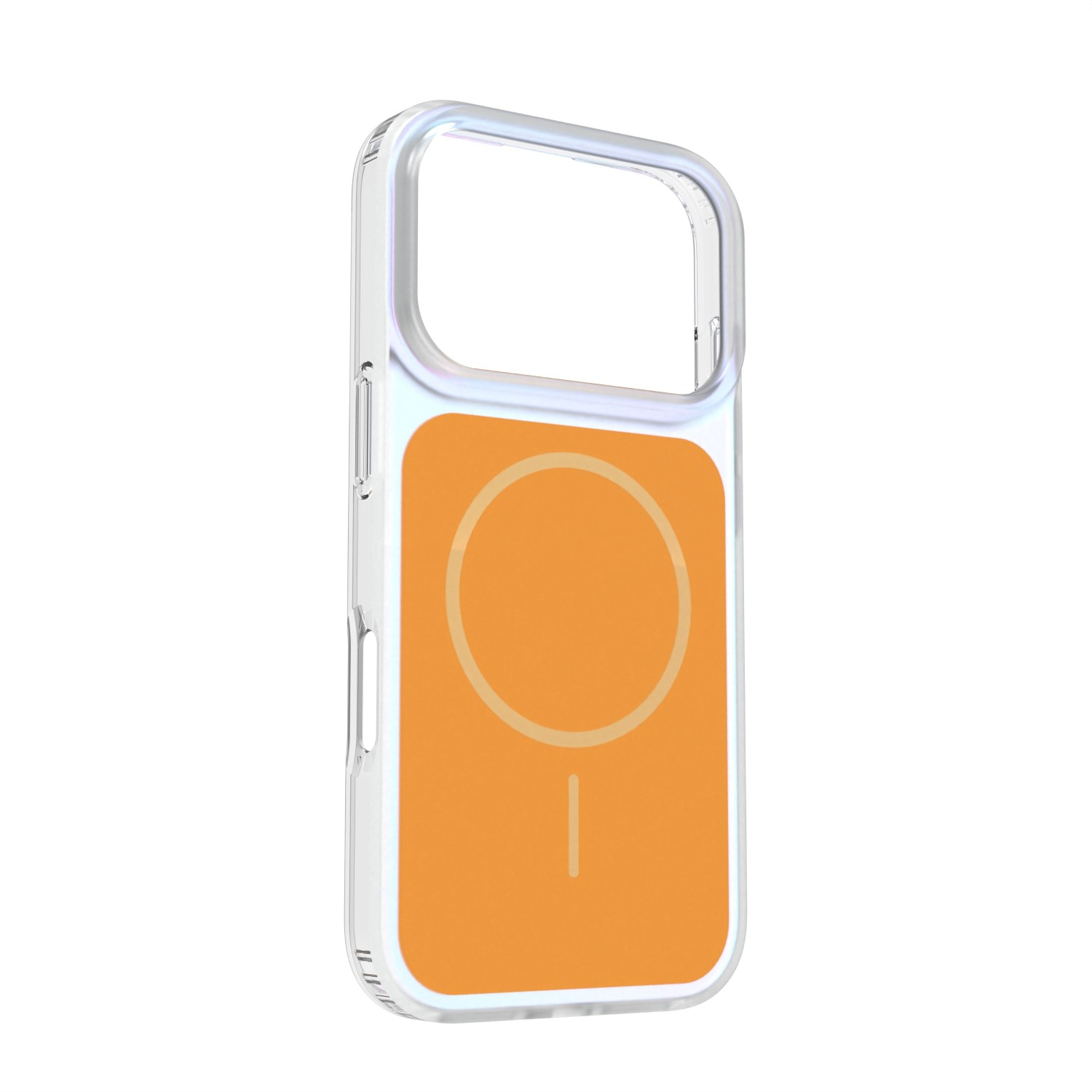 Custodia trasparente per telefono con retro arancione e simbolo cerchio/linea.