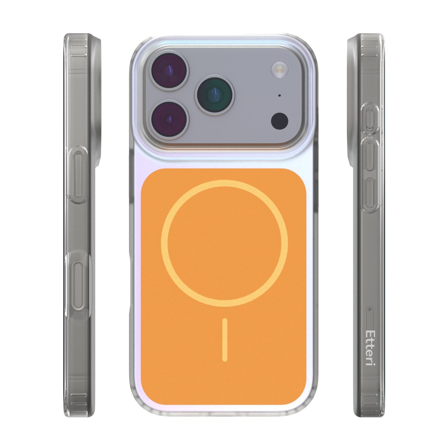 Una cover trasparente per telefono con un cerchio magnetico arancione.