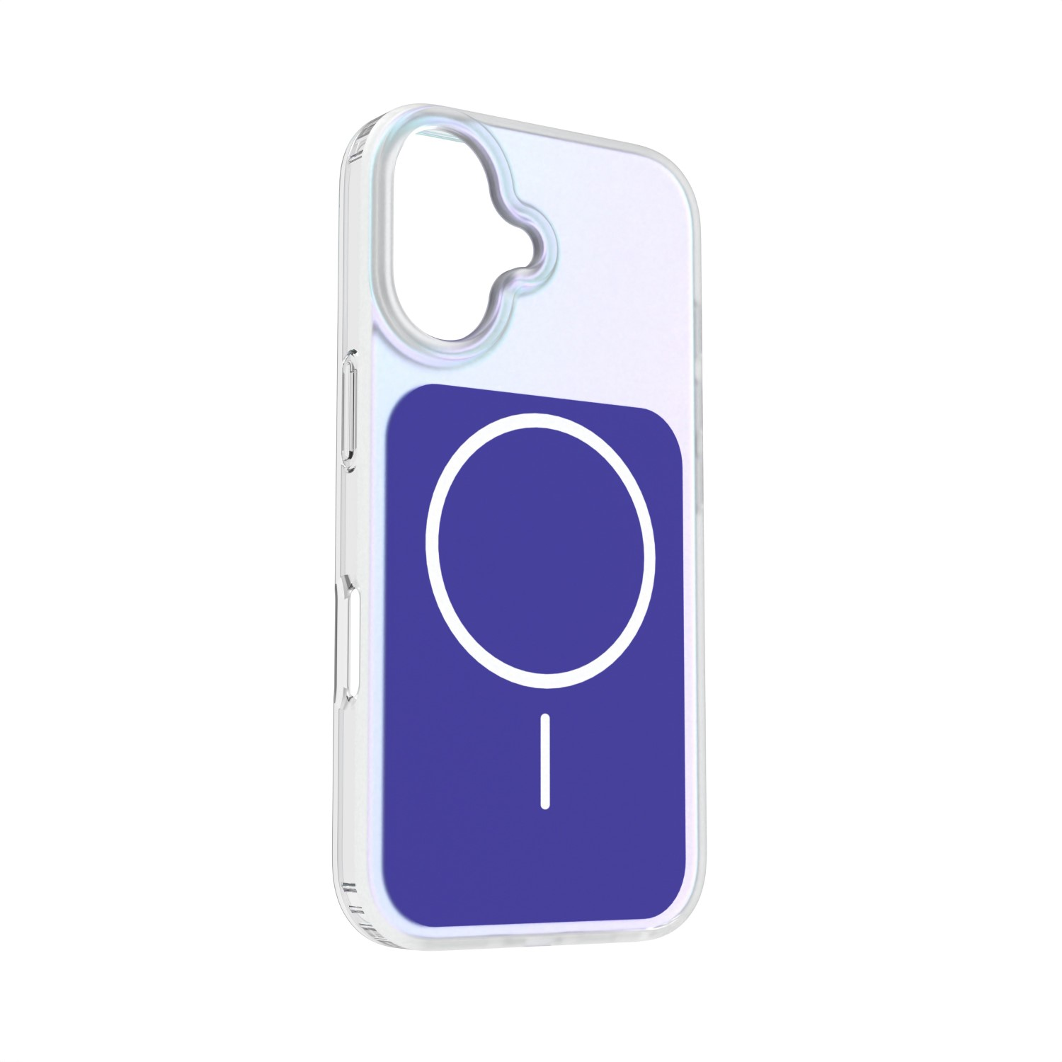 Custodia trasparente per telefono con inserto viola e simbolo cerchio bianco.