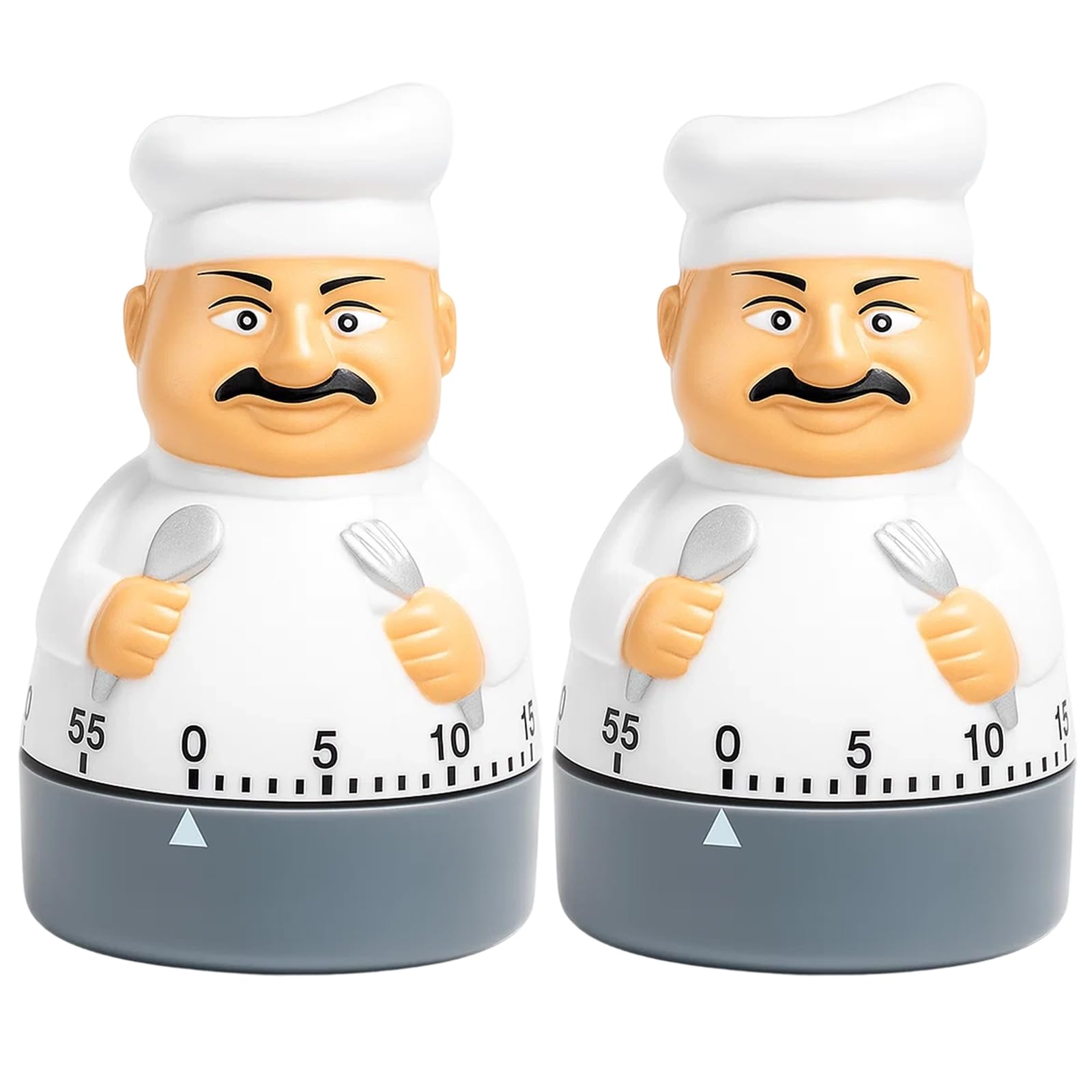 Zwei Koch-Timer, die Kochutensilien halten, mit einer Skala von 0-55 Minuten.
