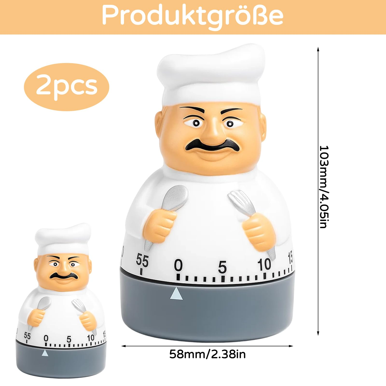 Zwei Koch-Küchenwecker, einer groß, einer klein, beide halten Utensilien.