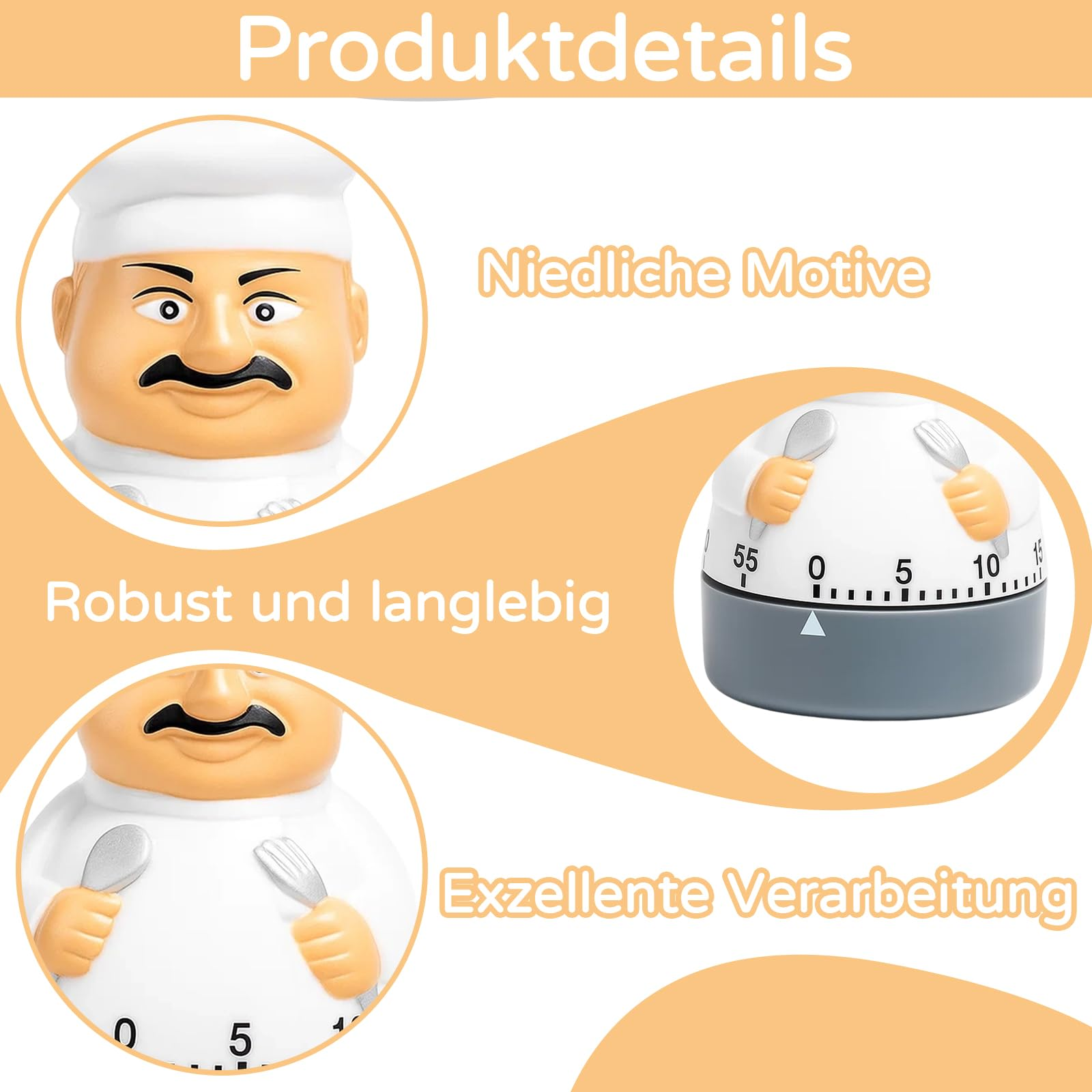 Ein Koch-Timer mit lustigem Design. Nahaufnahmen von Kochgesicht und Timer.