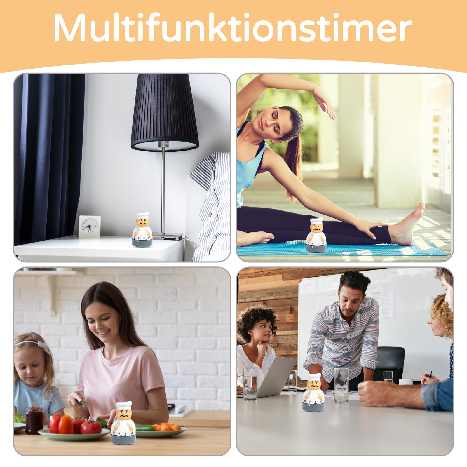 Koch-Timer im Schlafzimmer, beim Yoga, beim Kochen und im Büro.