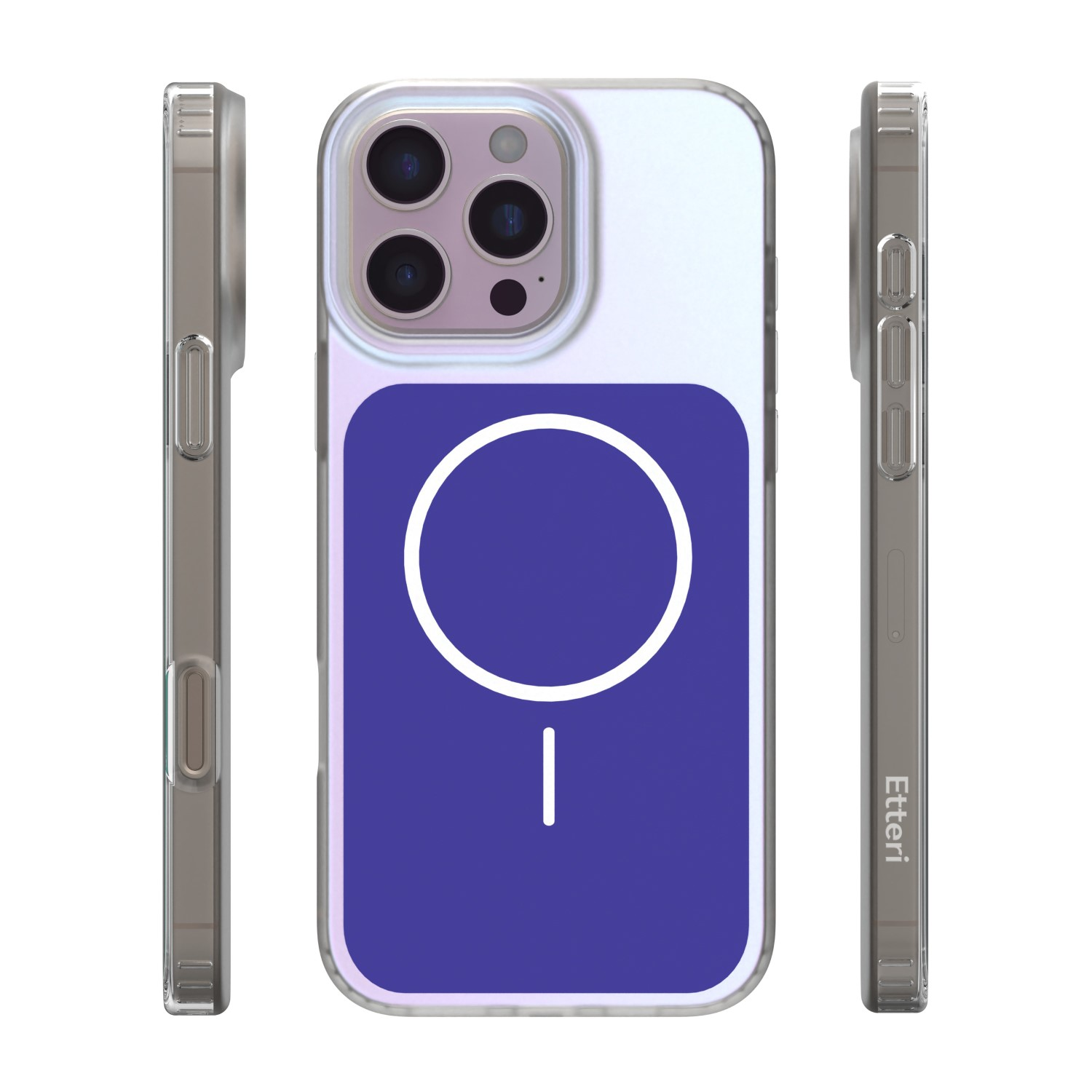 Etui na iPhone z fioletowym logo MagSafe. Pokazane z obu stron.