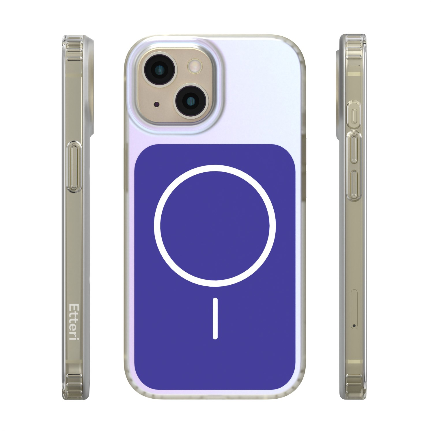 Una cover trasparente per telefono con logo a cerchio MagSafe su sfondo bianco.