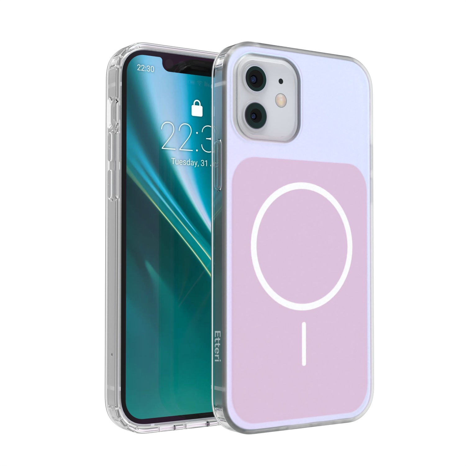 Przezroczyste etui na telefon z fioletowym tyłem i pierścieniem magnetycznym.