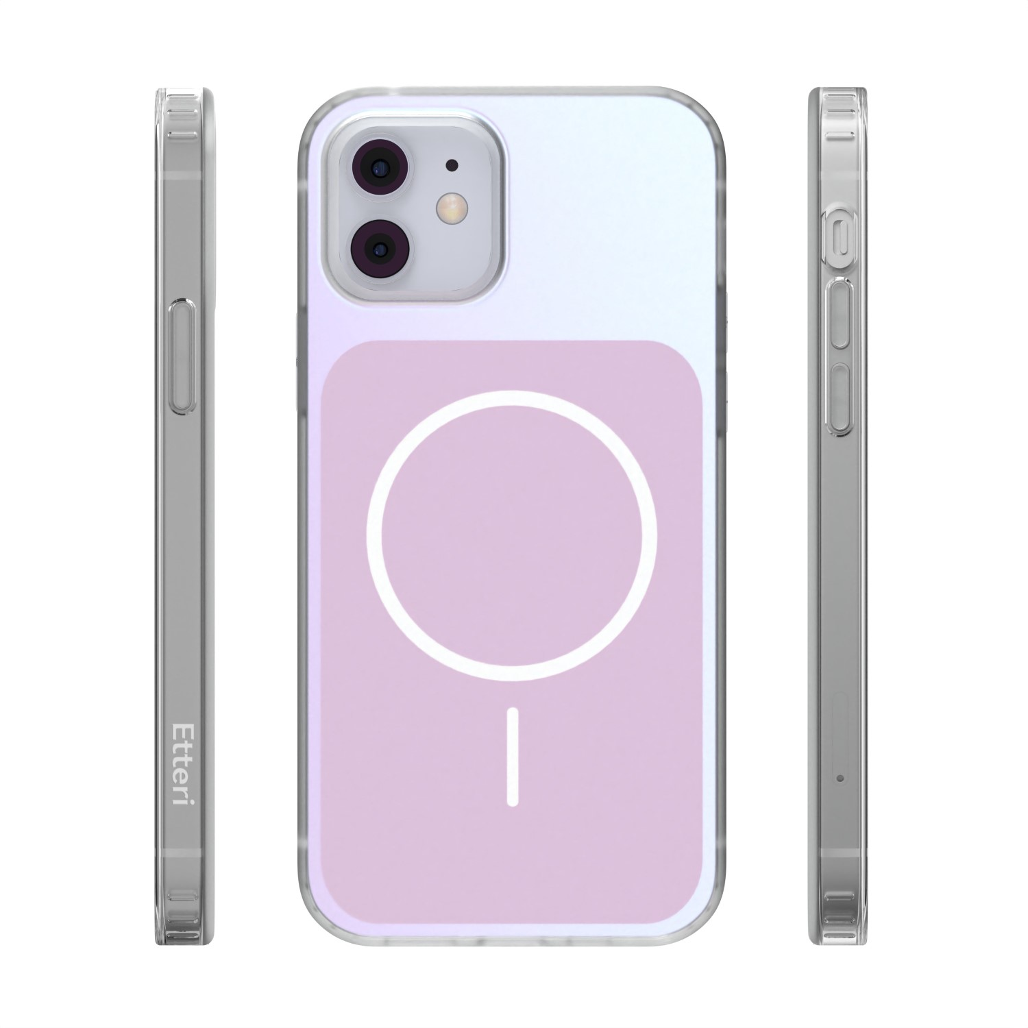 Przezroczyste etui na telefon z okręgiem i linią MagSafe na różowym tle.