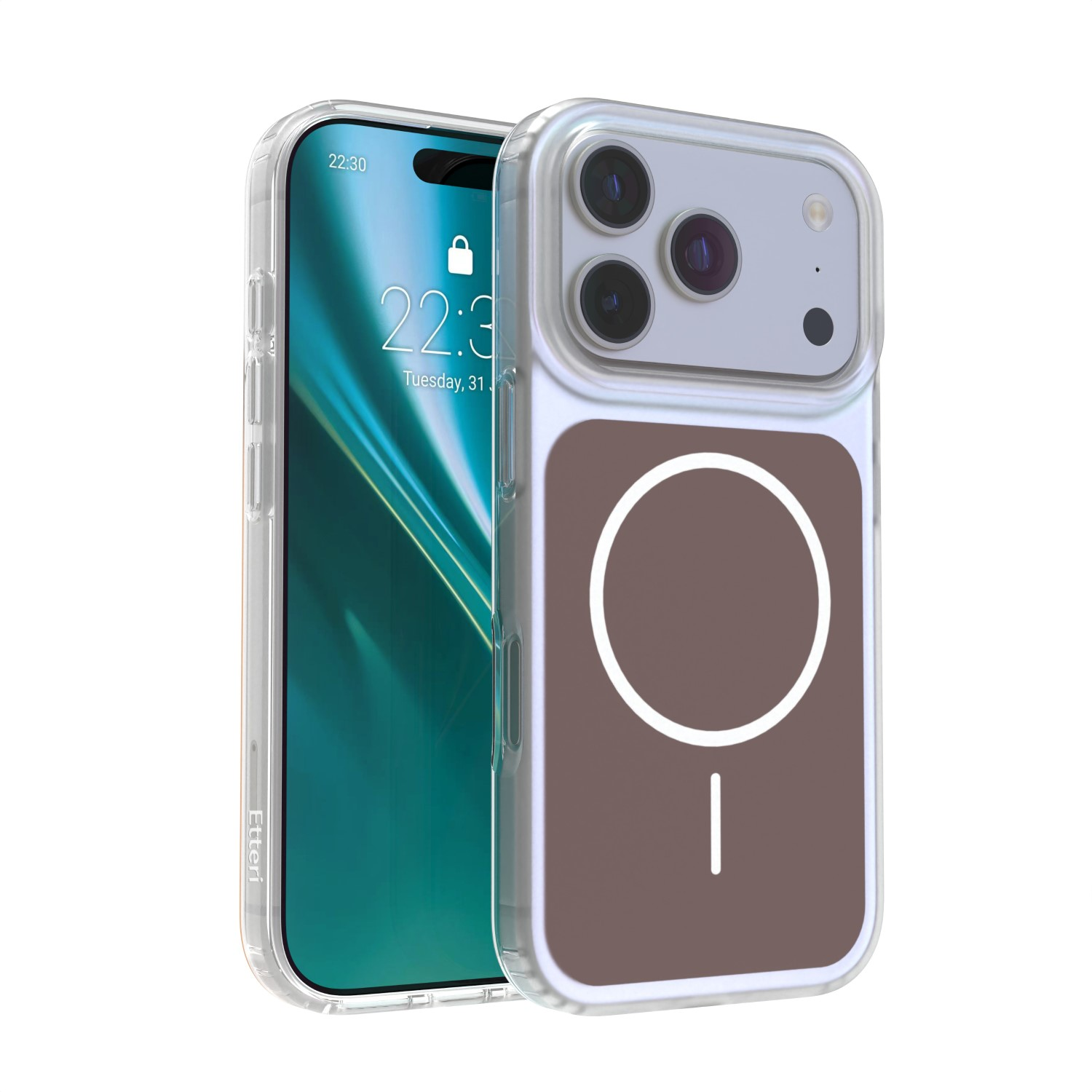 Przezroczyste etui na telefon z brązowym pierścieniem magnetycznym.