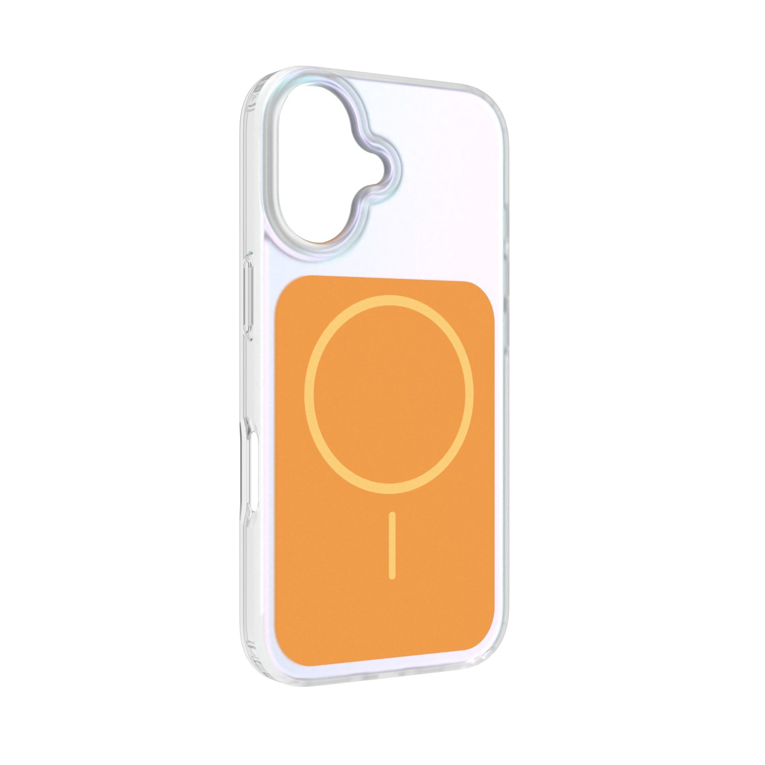 Custodia trasparente con cerchio e linea MagSafe arancioni.
