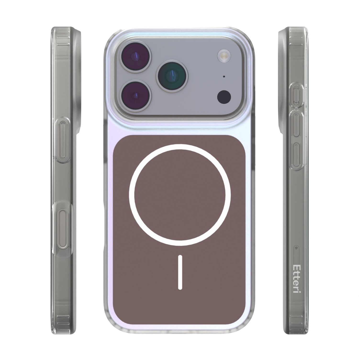 Przezroczyste etui na telefon z symbolem MagSafe i trzema obiektywami.