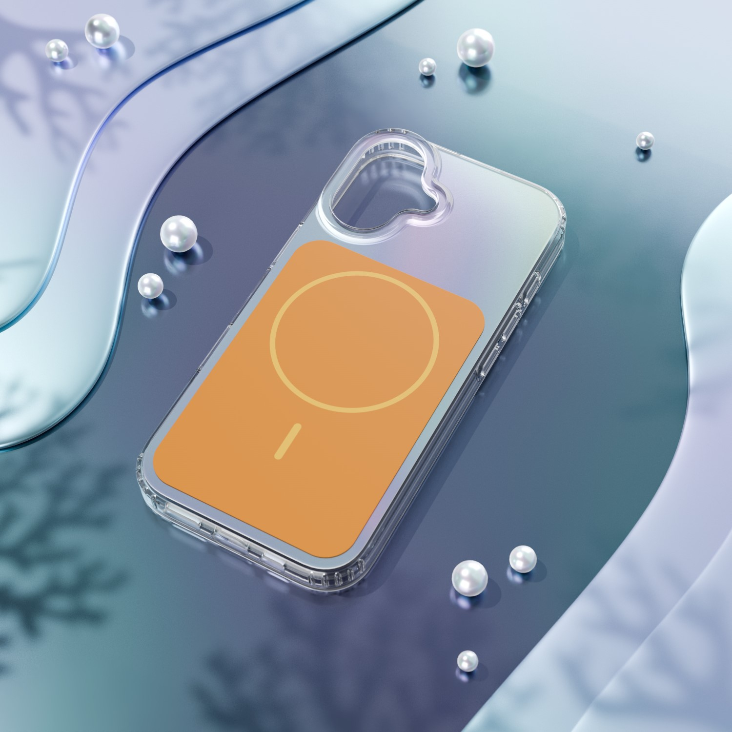 Custodia trasparente con cerchio magnetico arancione su sfondo lucido.