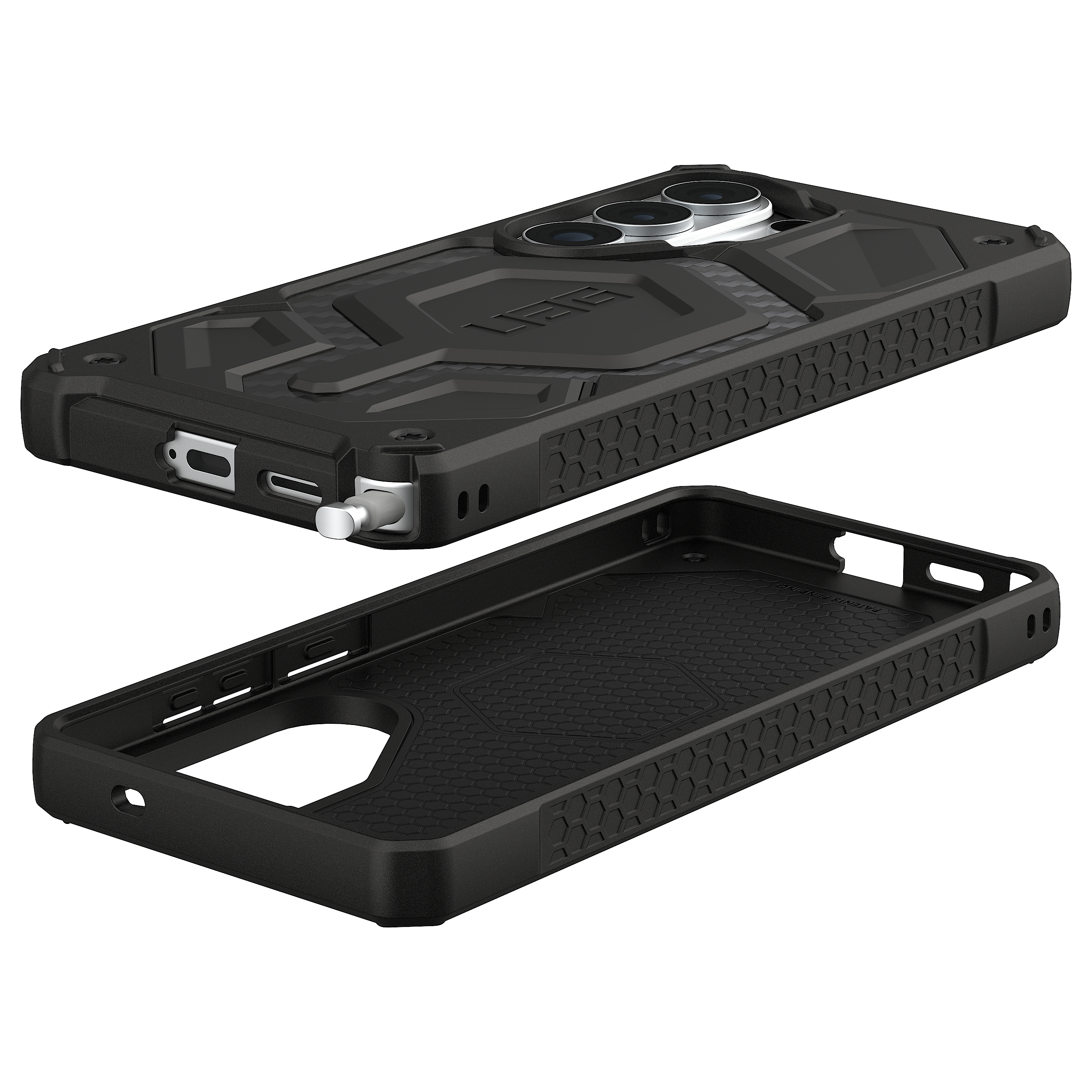 Czarne etui na telefon z trzema kamerami i odpinaną ramką.