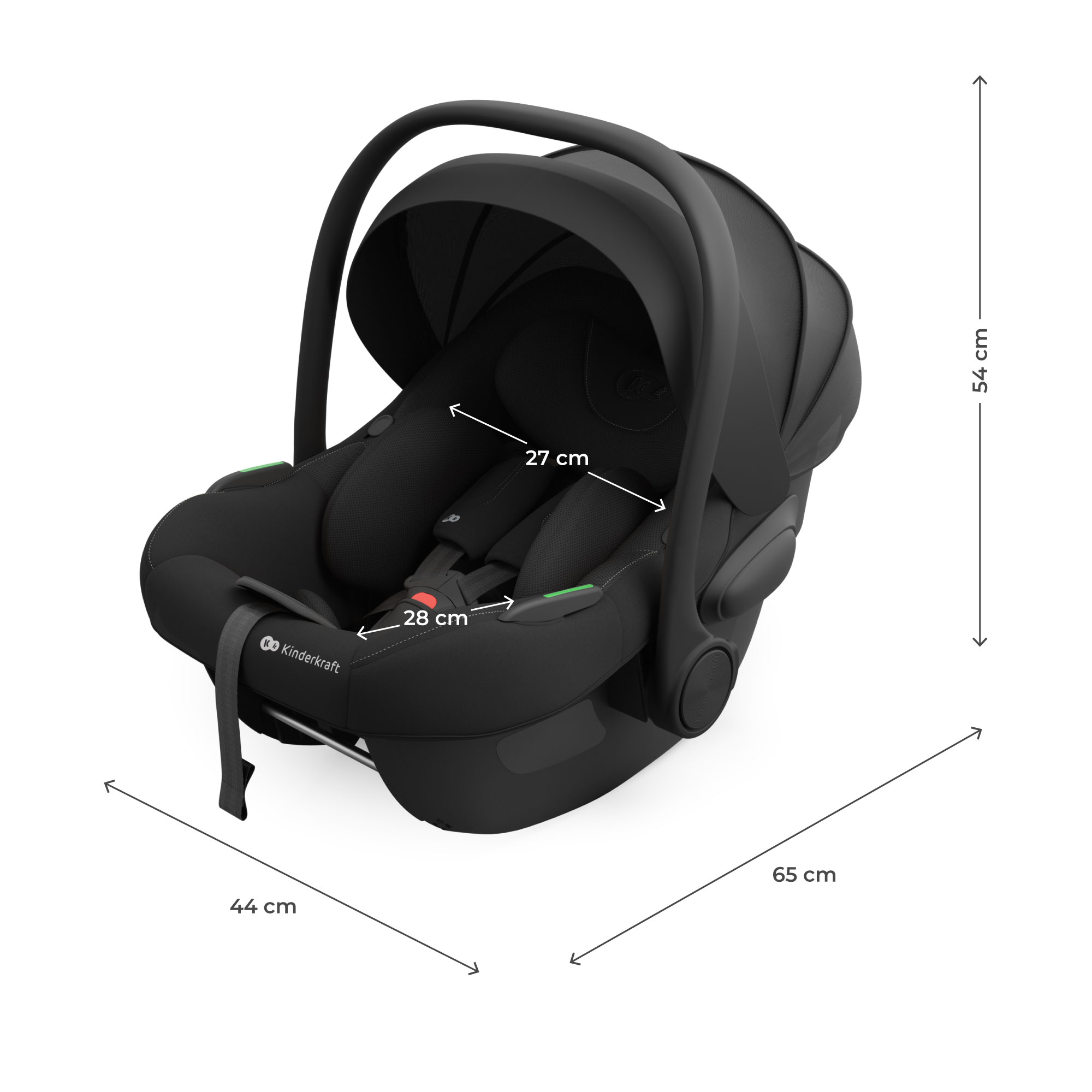 Schwarze Babyschale mit Griff, Anschnallgurten und Maßangaben.