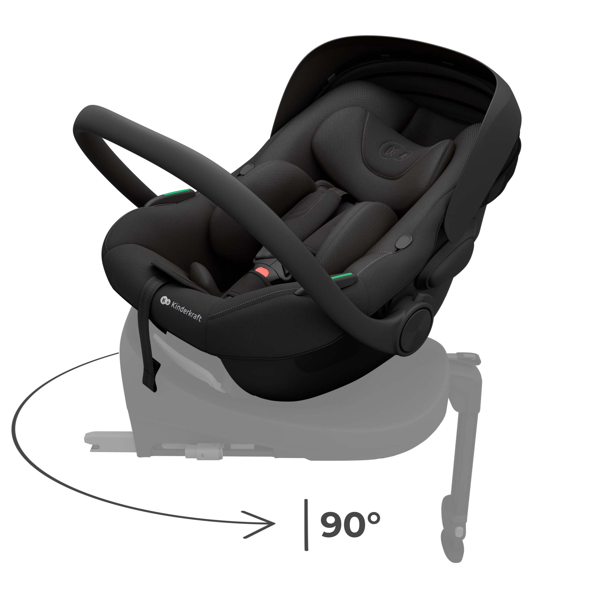 Schwarzer Kindersitz mit Griff, Gurten und einer 90°-Markierung.