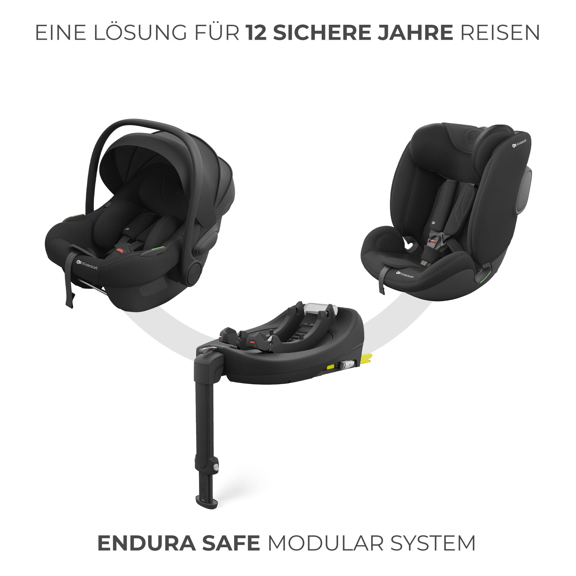 Schwarzes Kindersitzsystem mit Basis, Babyschale und Kindersitz.