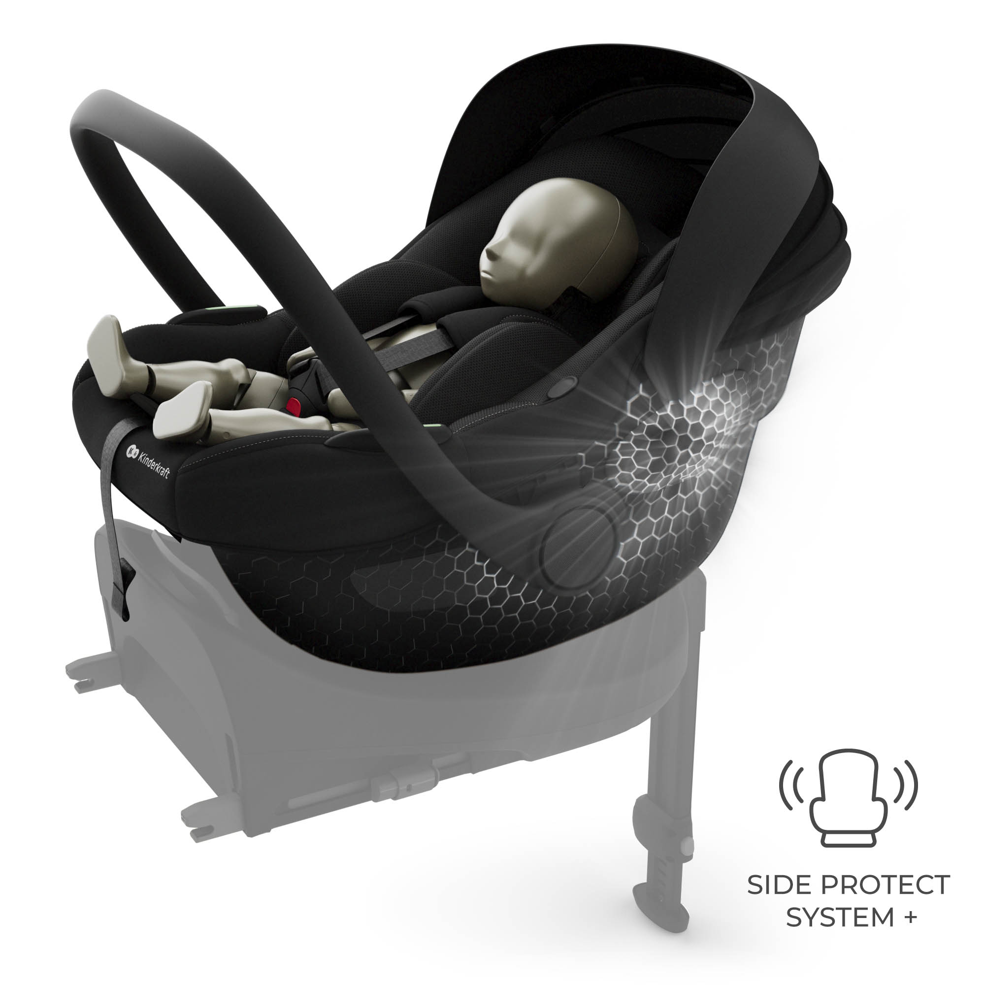 Schwarzer Kindersitz mit Dummie, auf einer Basis, mit Symbol für Seitenschutz.