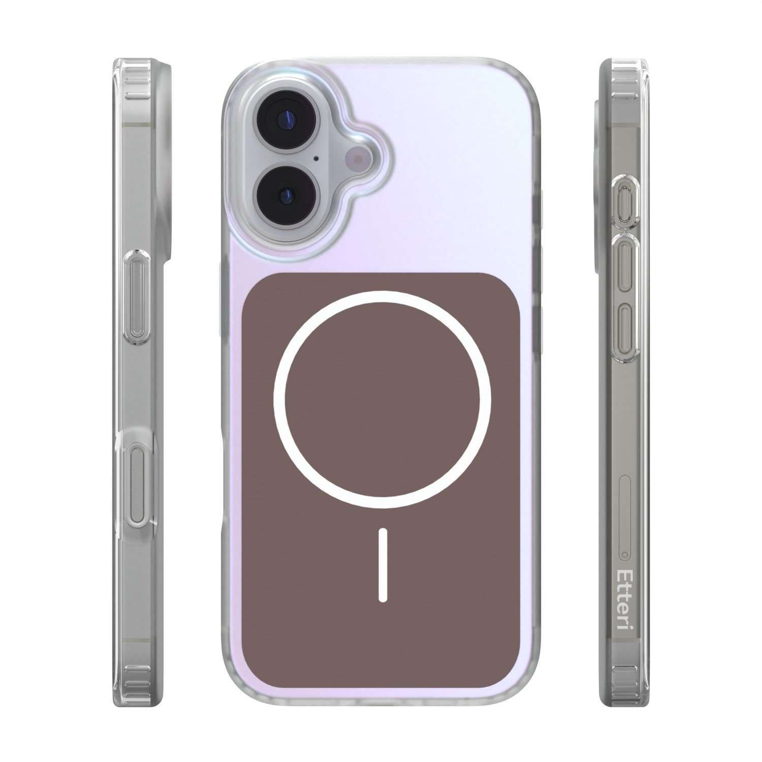 Custodia trasparente per telefono con cerchio MagSafe e ritaglio fotocamera.