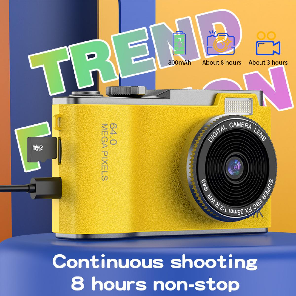 Gelbe Digitalkamera mit MicroSD-Karte und Text "TREND".