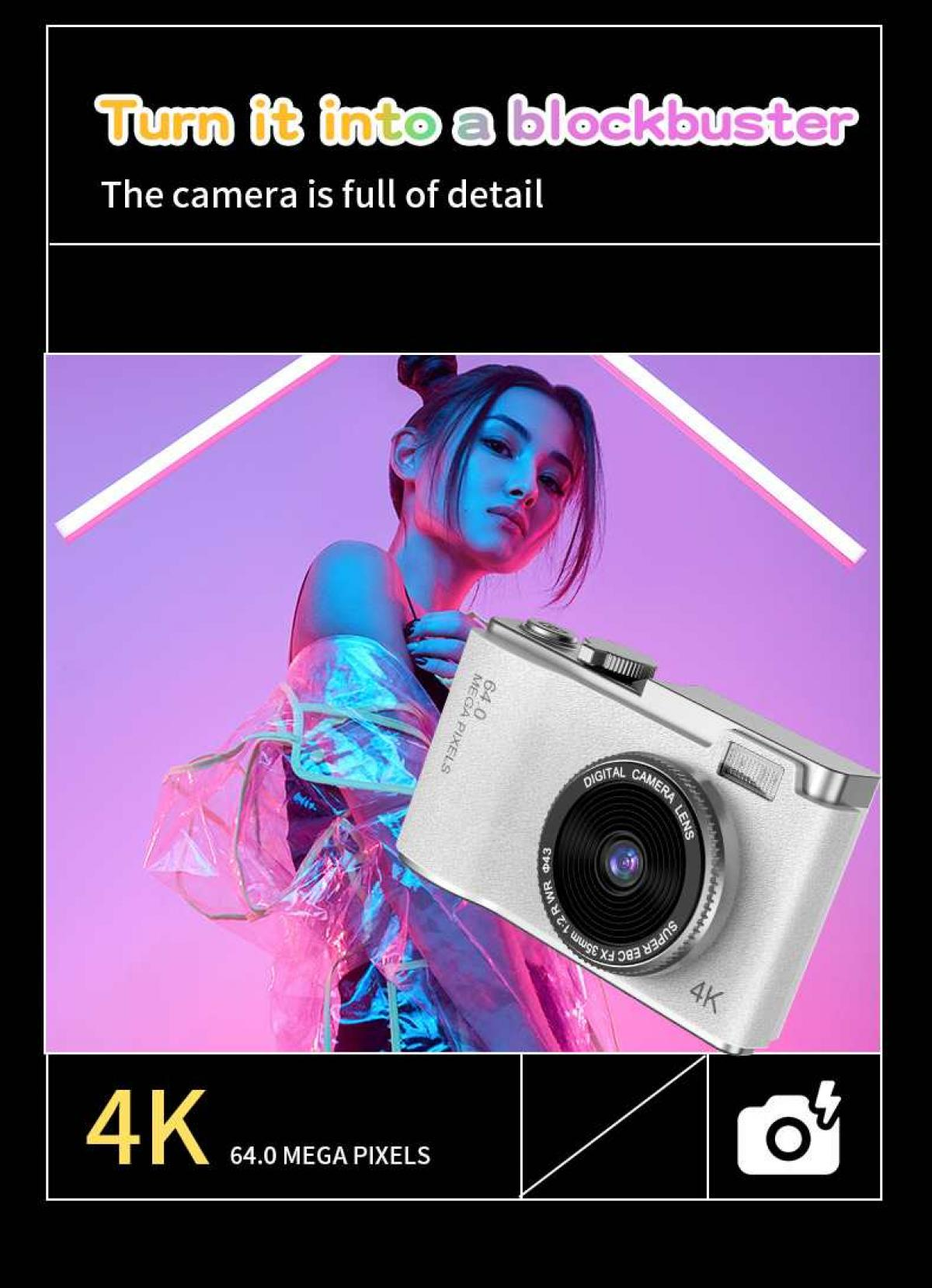 Eine Frau mit Kamera vor neonfarbenem Hintergrund. 64 MP, 4K.