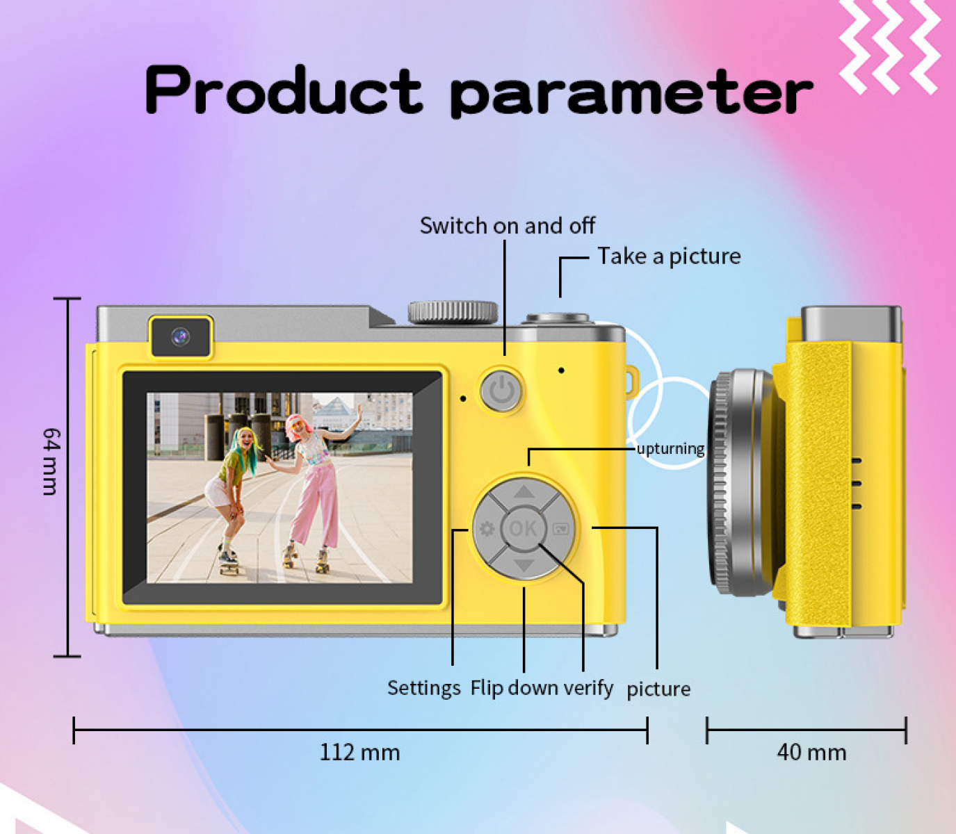 Gelbe Digitalkamera mit Beschriftungen: Größe 112x64x40mm. Zeigt zwei Frauen.