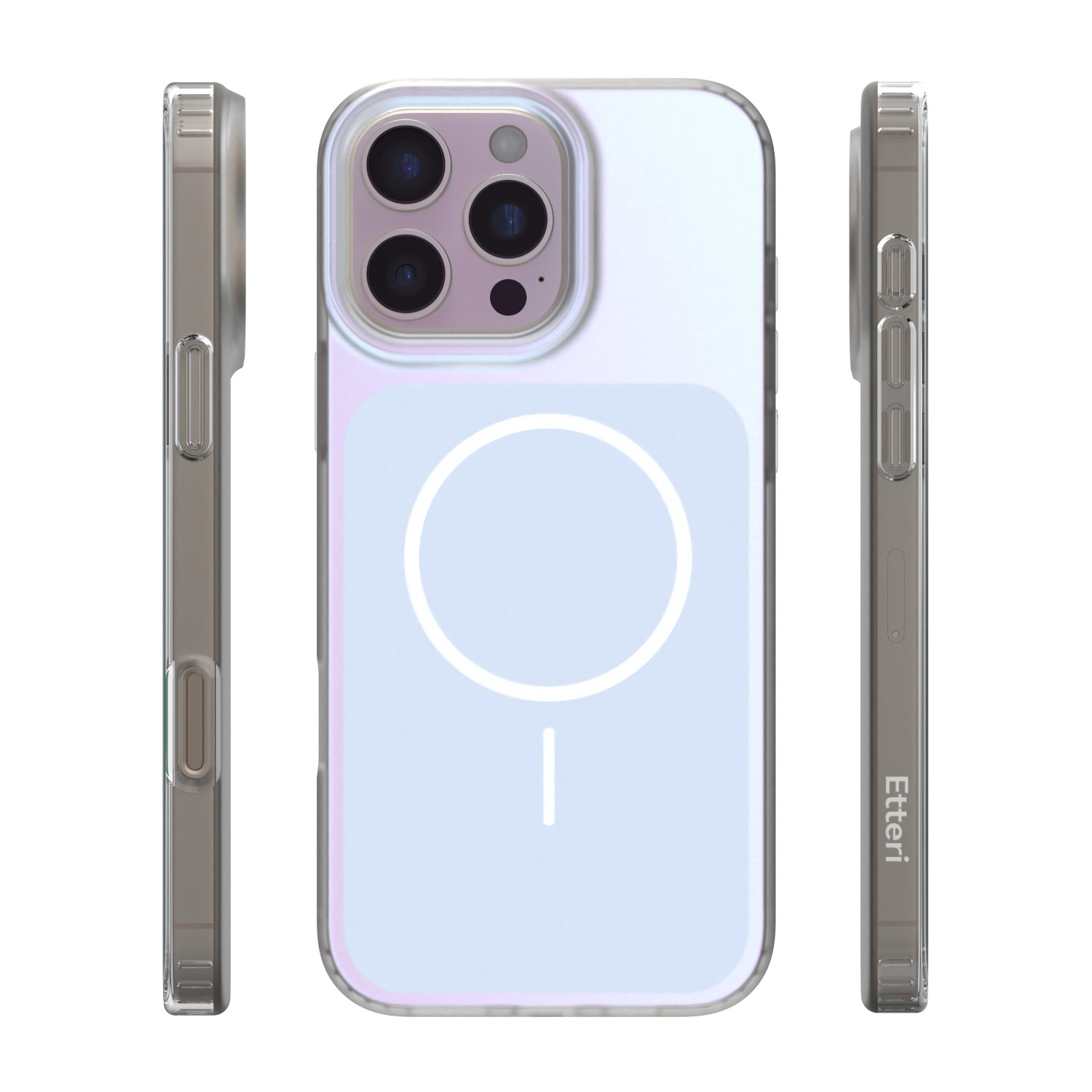 Custodia trasparente per telefono con tre fotocamere e anello magnetico.
