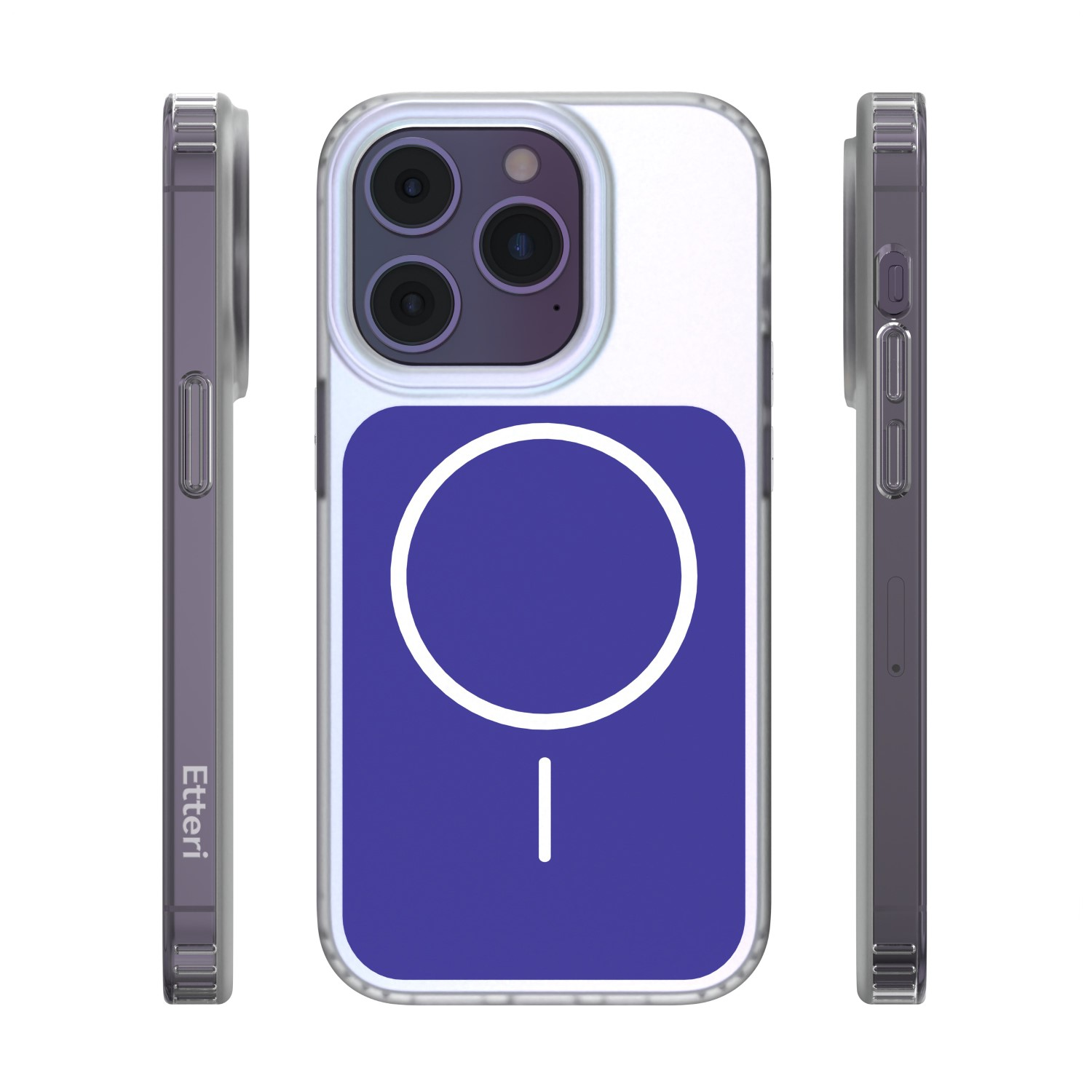 Un anello MagSafe viola su una custodia trasparente, vista di lato.