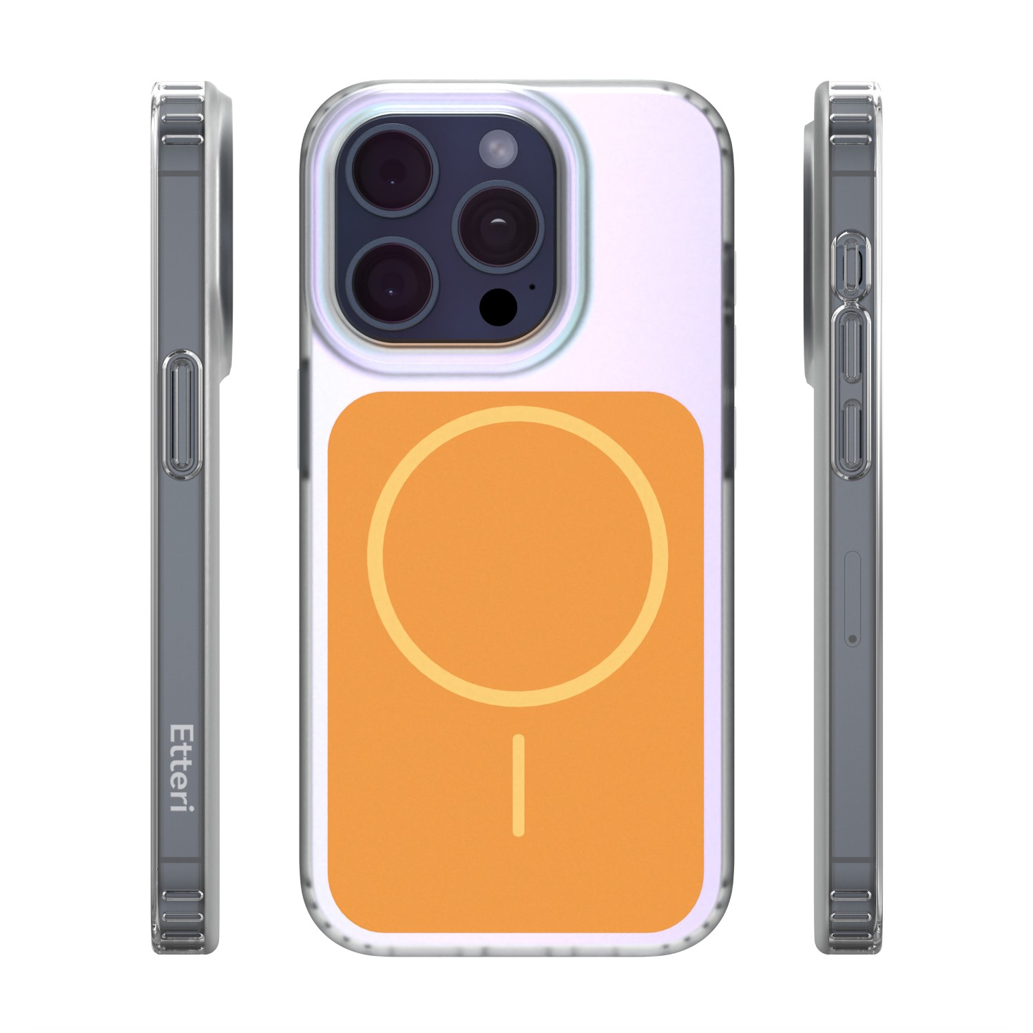 Una custodia per telefono con modulo fotocamera e design a cerchio arancione.