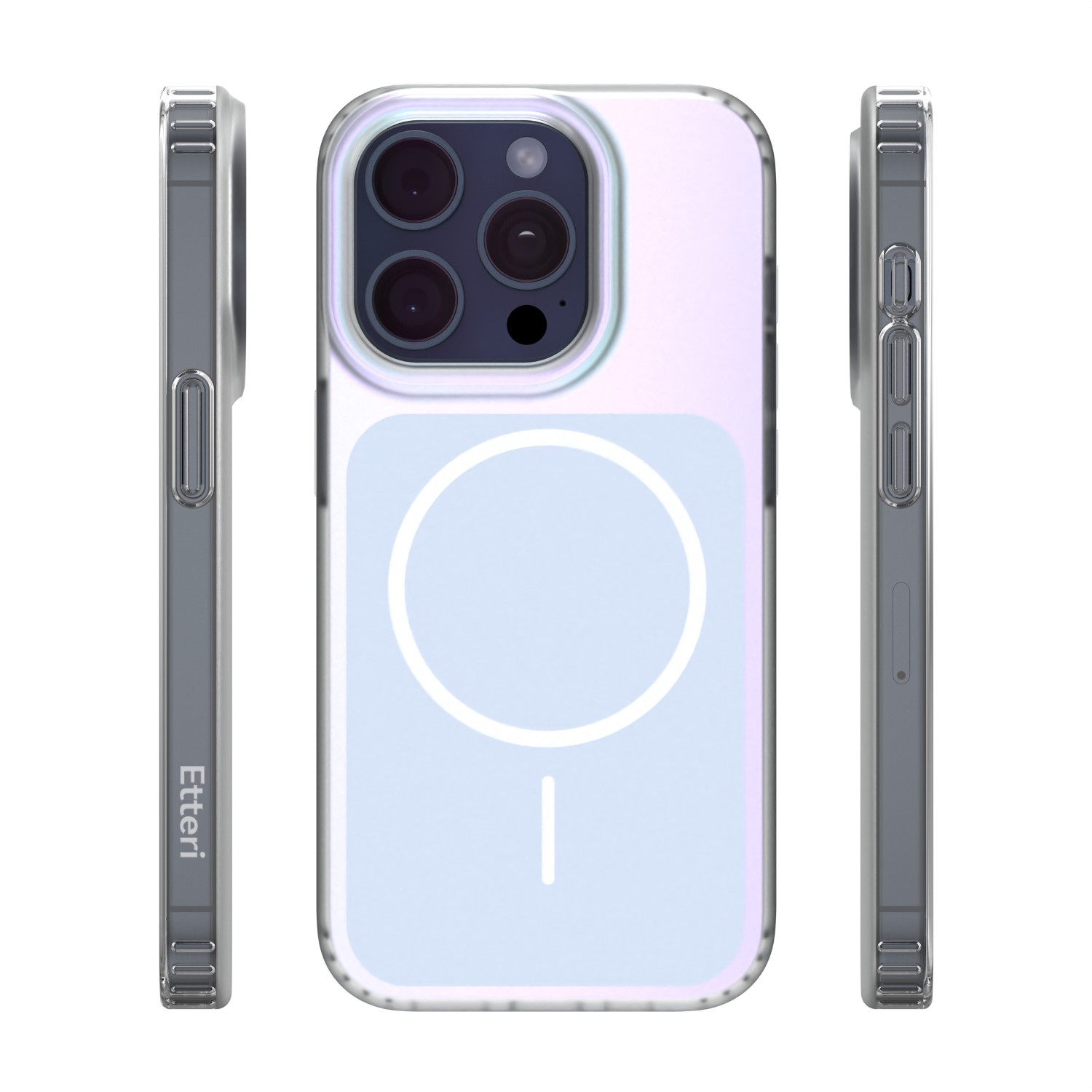 Custodia trasparente per telefono con tre fotocamere e anello magnetico. Viste laterali.