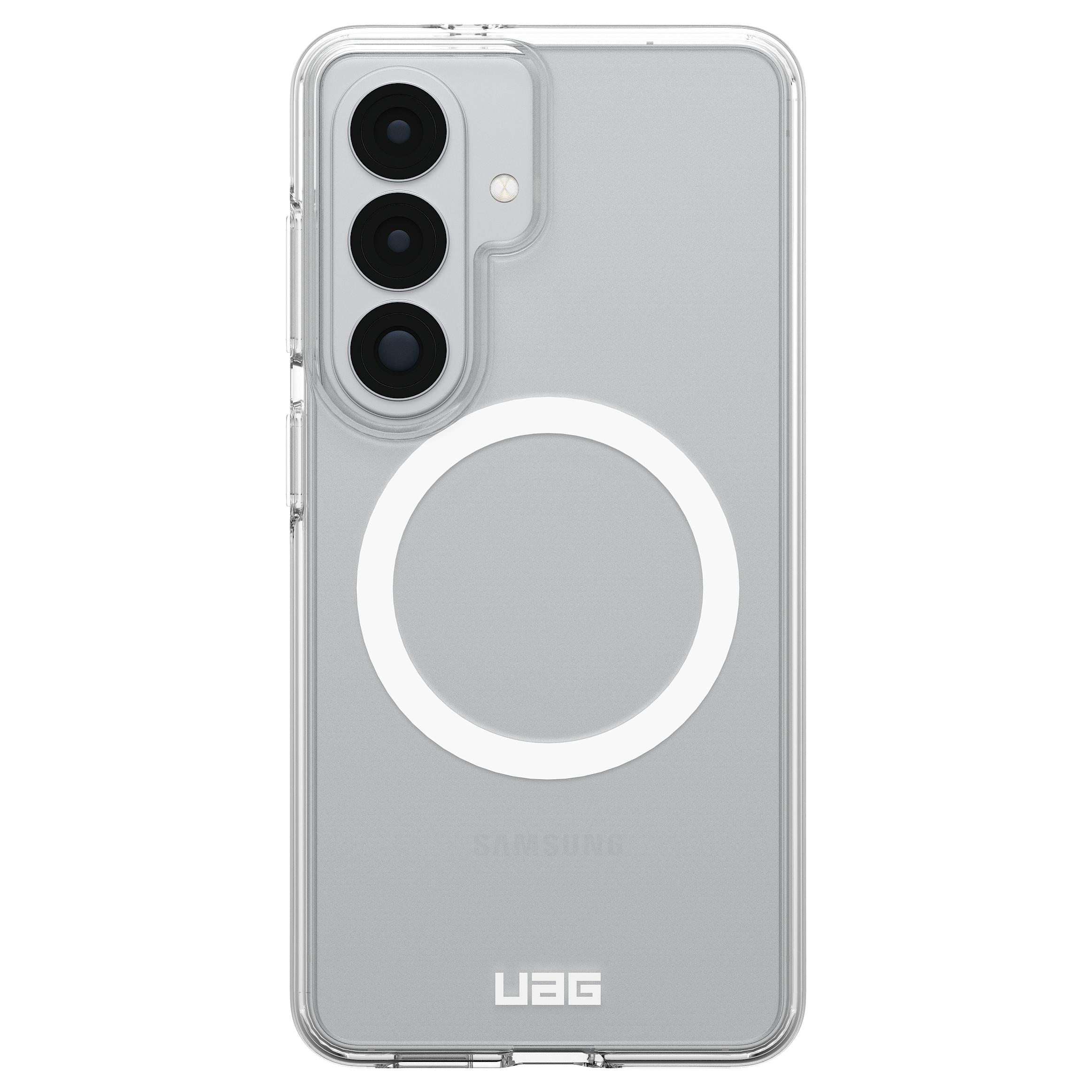 Transparente Hülle für ein Smartphone mit drei Kameras und weißem Ring.