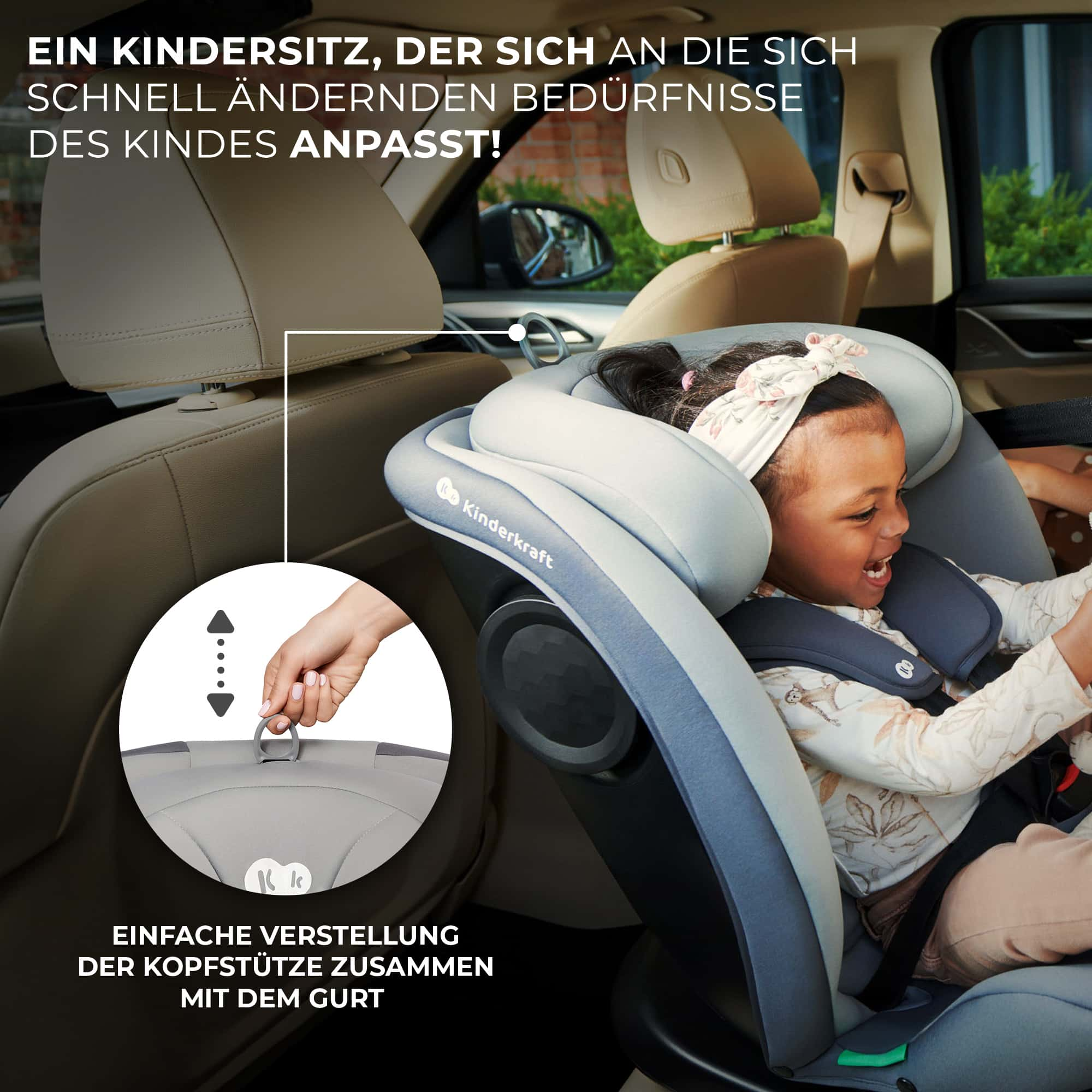 Kind in Kindersitz mit verstellbarer Kopfstütze, Nähe der Hand, die den Gurt hält.