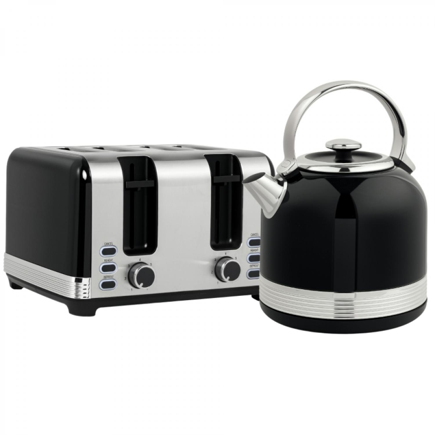 Ein schwarzer Toaster und ein schwarzer Wasserkocher mit silbernen Akzenten.