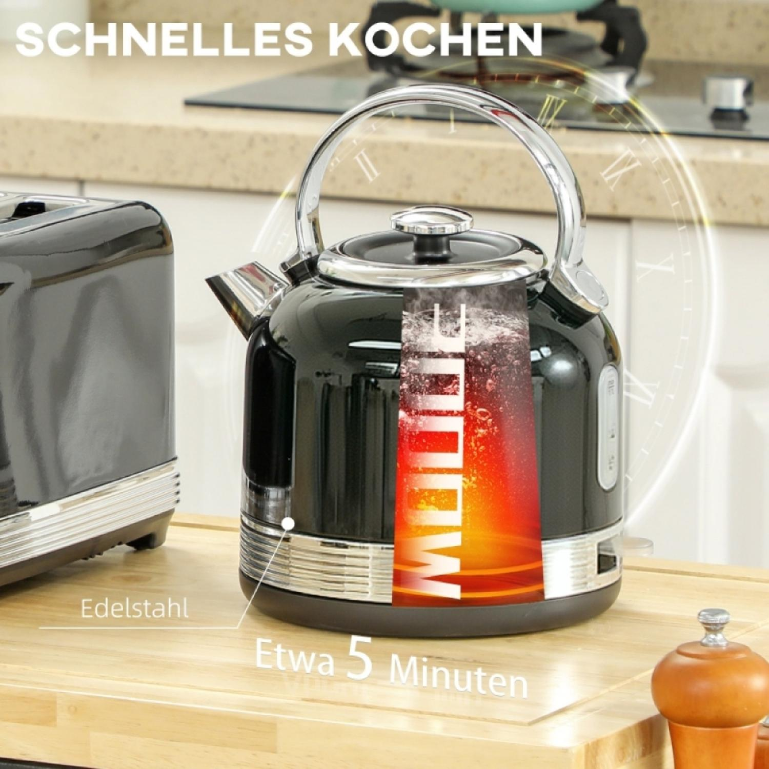 Schwarzer Wasserkocher kocht Wasser, daneben ein Toaster. "Schnelles Kochen."